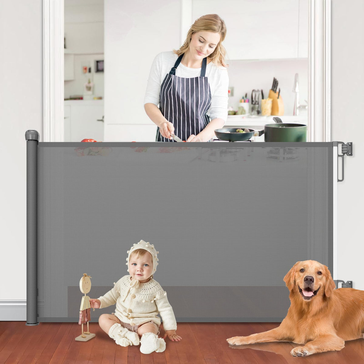 Retractable Baby Gates for Doorways, PRObebi Retractable Dog Gate for Stairs Extends to 54'' Wide 34'' Tall, Mesh Baby Gate, Gat