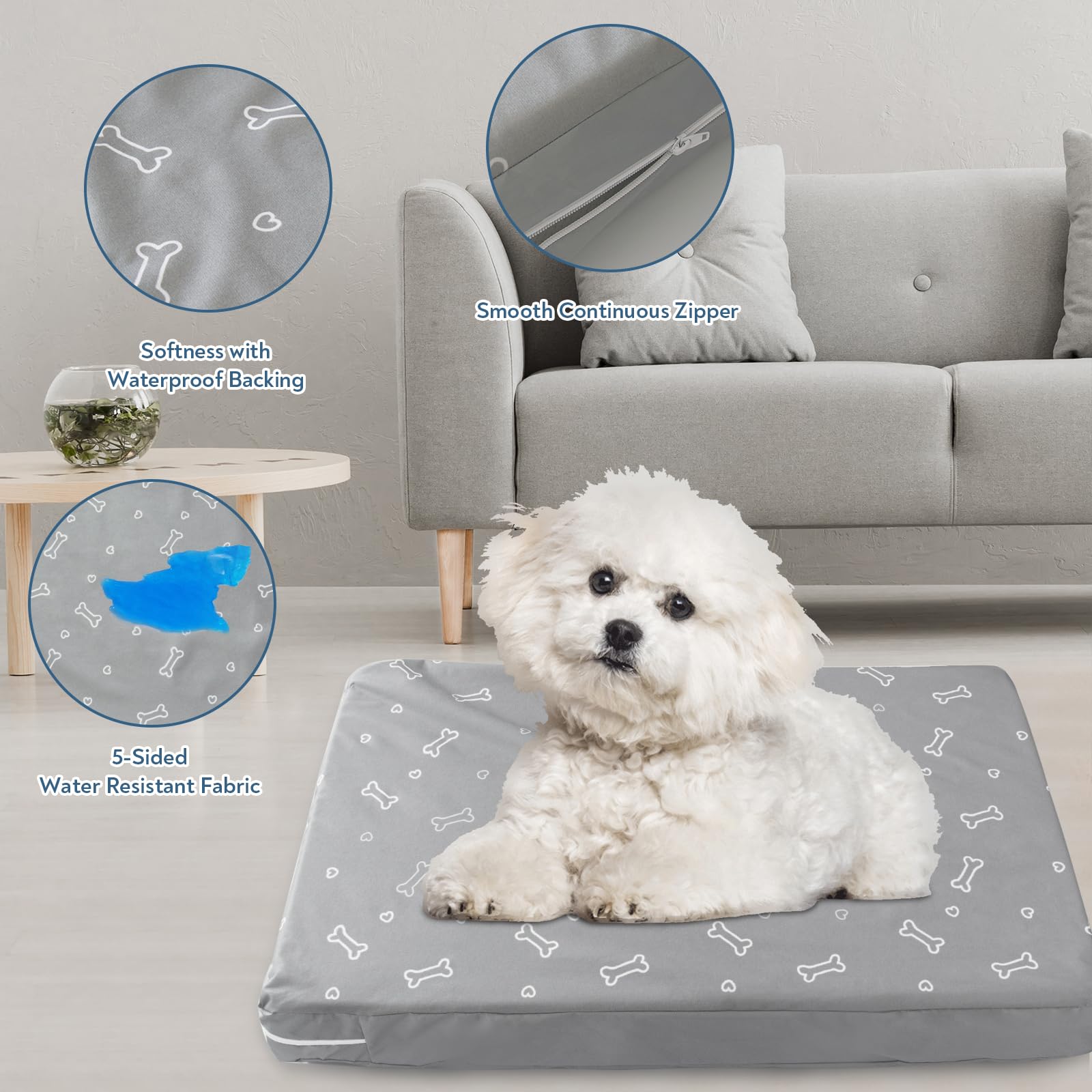 Waterproof Dog Bed Cover, Removable Dog Bed Covers Replacement Washable With Smooth Zipper, Indoor/Outdoor Washable Bone Print P
