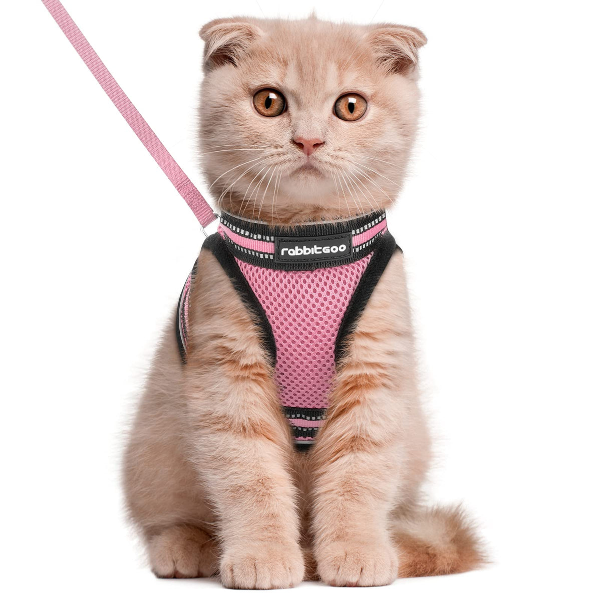 Rabbitgoo Cat Harness And Leash Set For Walking Escape Proof, Adjustable Soft Kittens Vest With Reflective Strip For Cats, Comfortable Outdoor Vest, Pink, L
