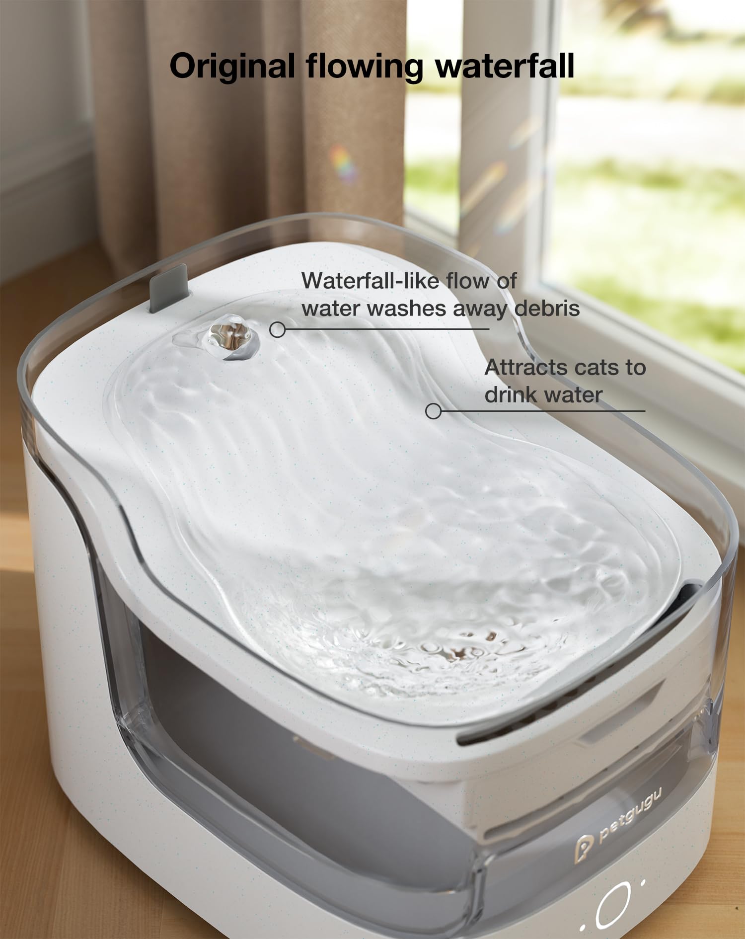 PETGUGU Cat Water Fountain - Ultra-Quiet, 2.4G WiFi, 8-Layer Filter, Marble White, Model PF1L-Marble-01