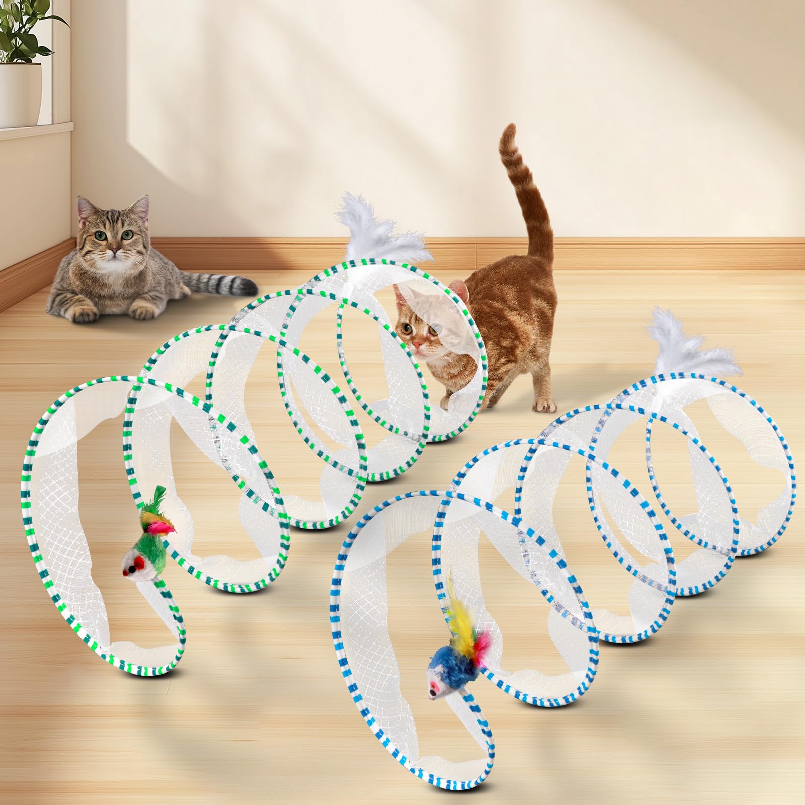 Eggsun 2-Piece Spiral Cat Tubes For Indoor Cats, Large Collapsible Tunnel With Feather Mouse Interactive Toy (Green + Blue & Whi