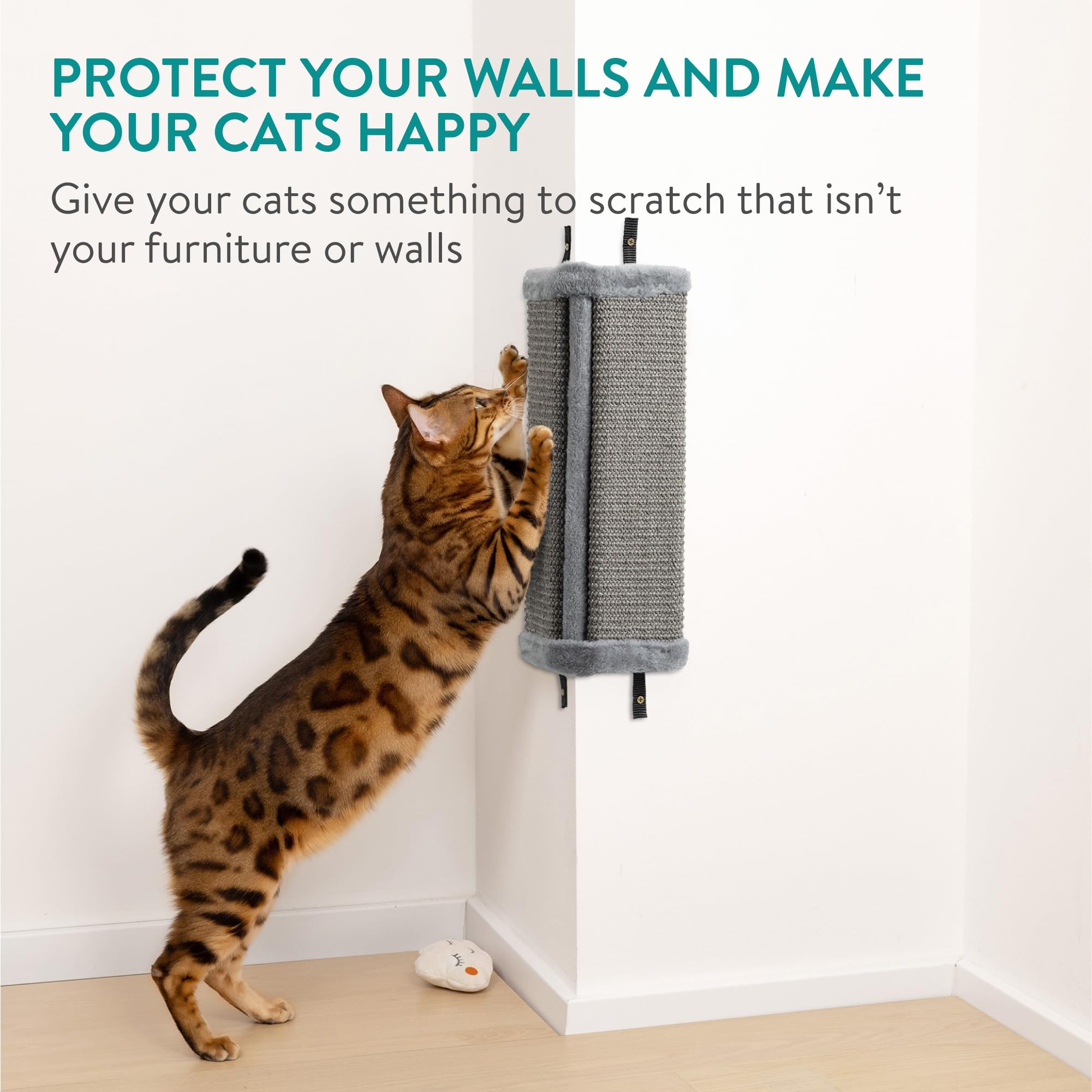 Navaris Wall Mounted Cat Corner Scratcher, Set Of 2, Grey - Durable Sisal Cat Scratching Essentials - 4 Nylon Straps For Secure