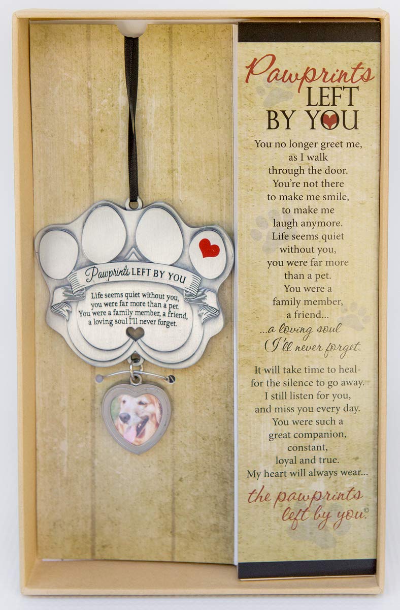 Pet Memorial Ornament - 3' Metal Casted Paw Print Design Ornament With Photo Charm - Beautiful Remembrance Gift For A Grieving Pet Owner - Includes Pawprints Left By You Poem Card