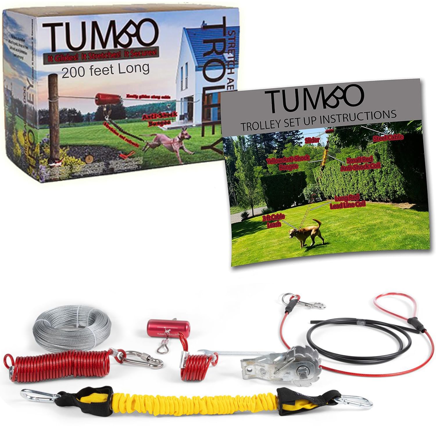 Tumbo Trolley 100Ft - Anti-Shock Aerial Dog Runner For Yard Small And Large Dog - Heavy Duty Dog Gear - Best Dog Run And Zipline