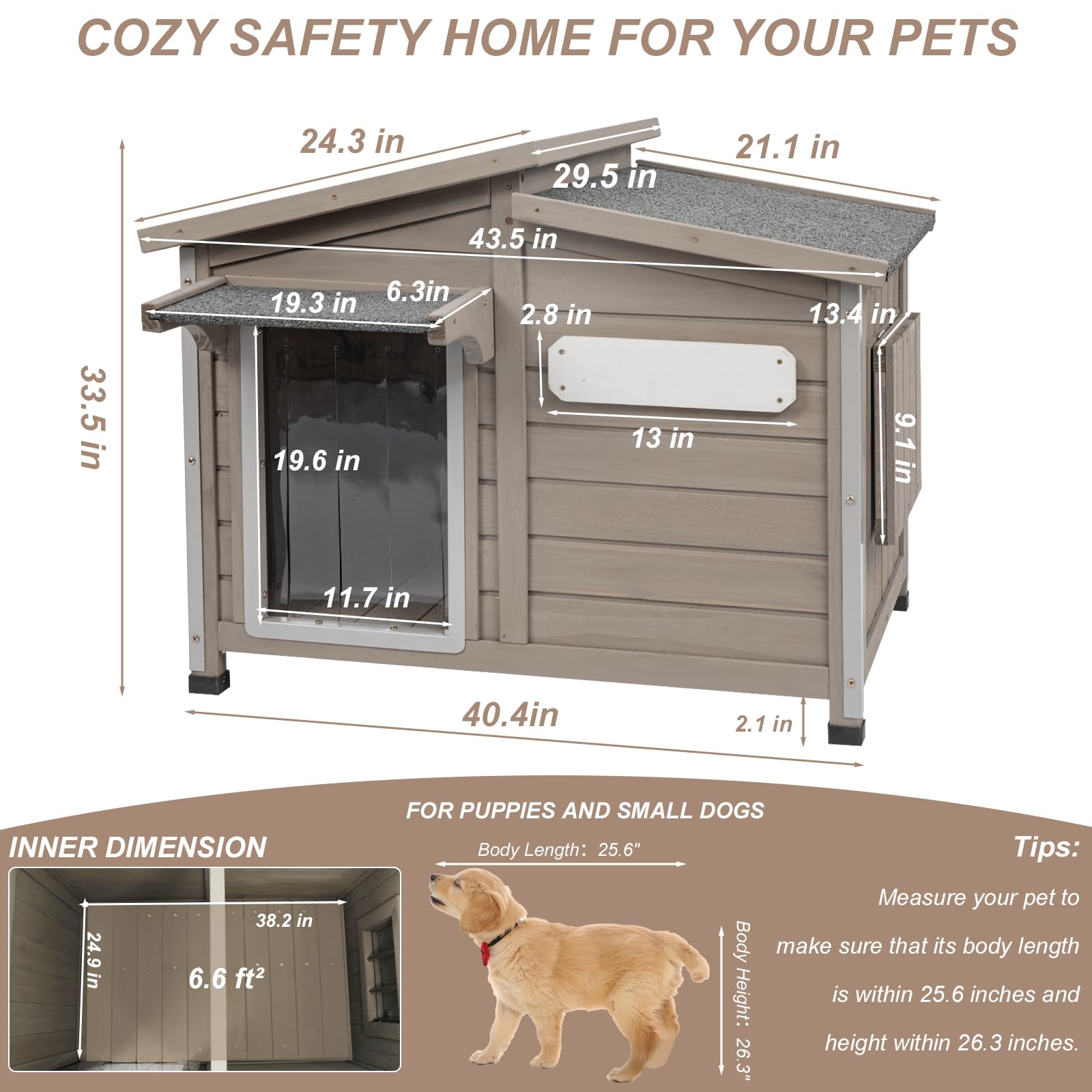Ketive 43" L Outdoor Dog House - Extra Large Wooden Kennel, Grey, Raised Feet, Anti-Chewing Frame, Ideal for Medium to Large Dogs