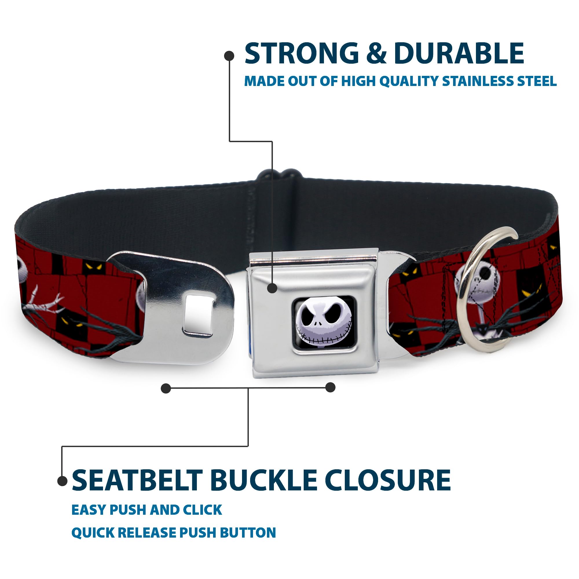 Buckle-Down Seatbelt Buckle Dog Collar - Nightmare Before Christmas 3-Jack Poses/Peeping Eyes Burgundy/Black/Yellow - 1.5' Wide