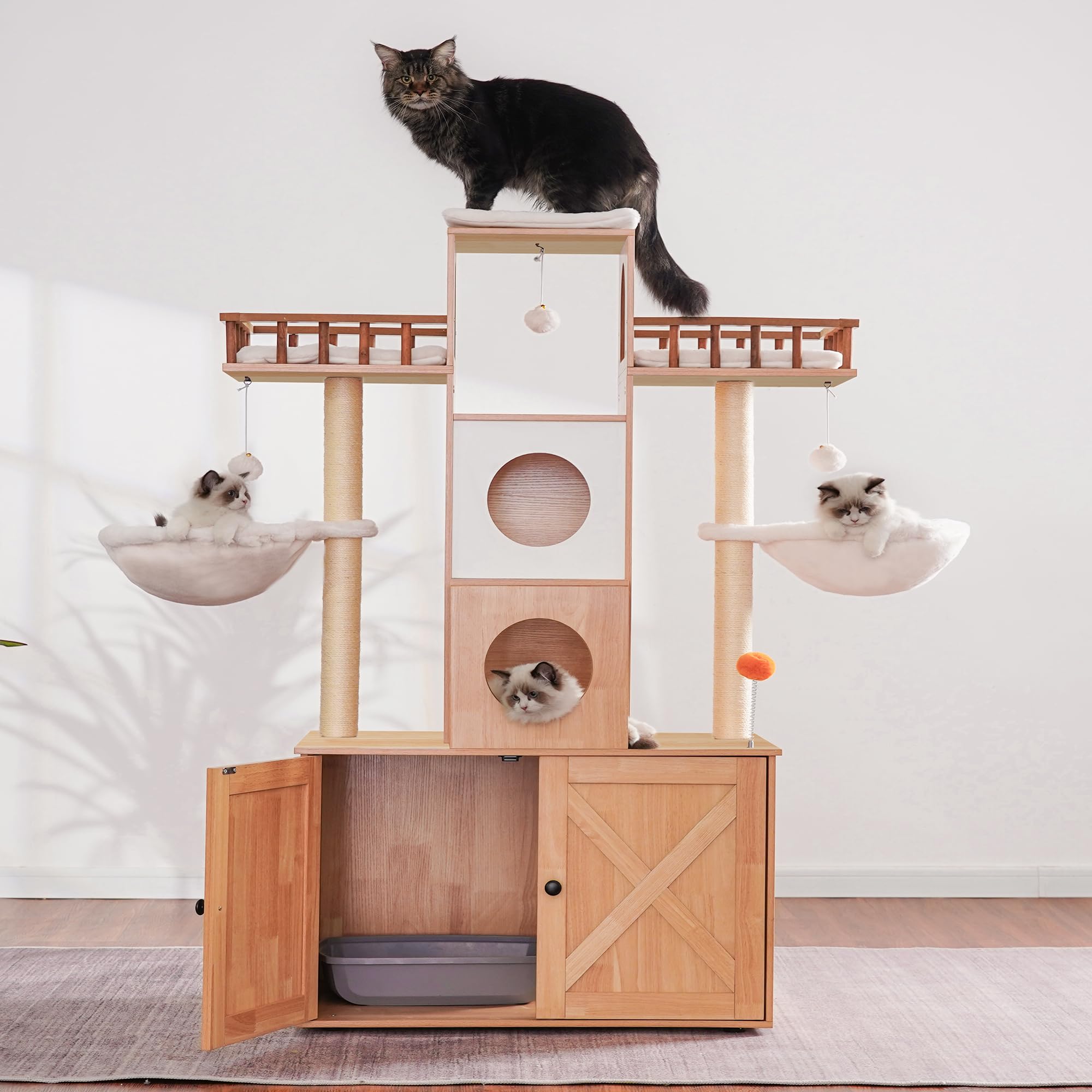 Heybly Cat Tree With Litter Box Enclosure For Indoor Big Cat, Cat Tower For Large Cats 20 Lbs Heavy Duty,Modern Cat Condo Furnit