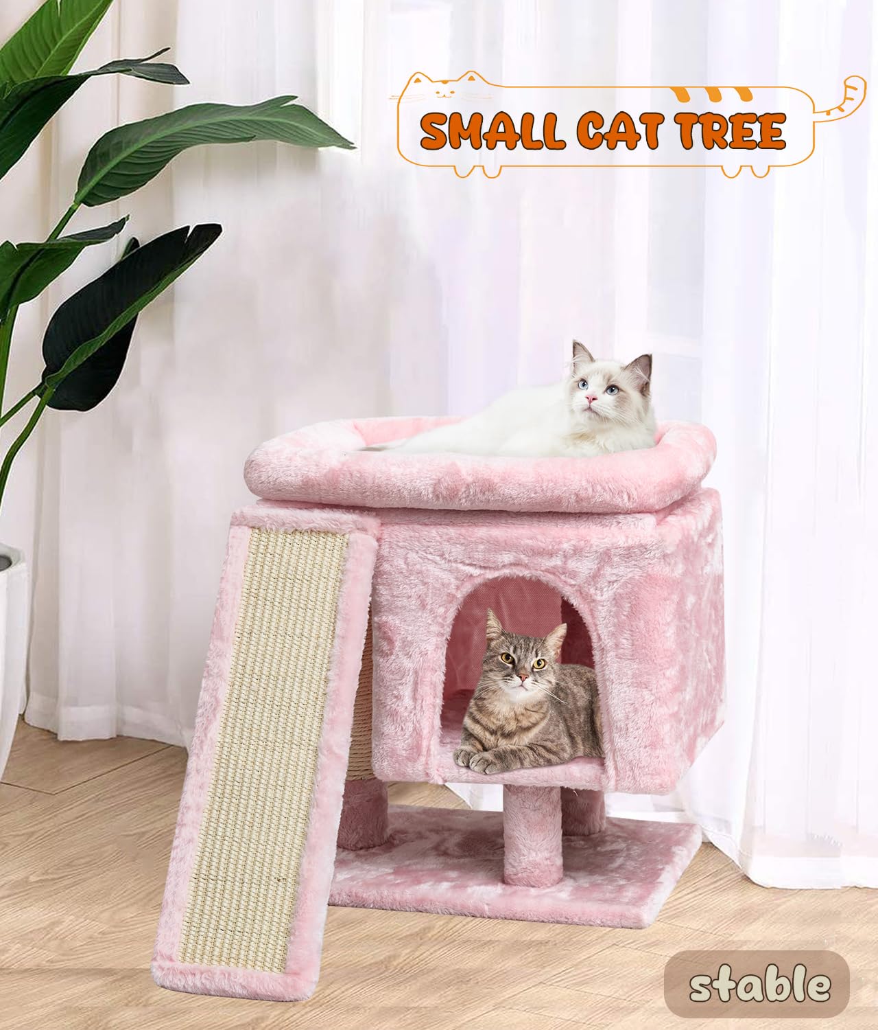 Syandlvy Small Pink Cat Tree With Perch For Indoor Cats, Cat Tower With Scratching Post, Modern Activity House For Large Cats, C