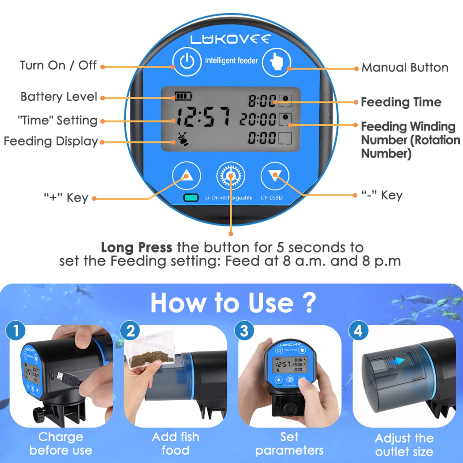 Lukovee Automatic Fish Feeder,New Generation Feeding Time Display USB Rechargeable Timer Moisture-Proof Aquarium or Fish Tank Fo