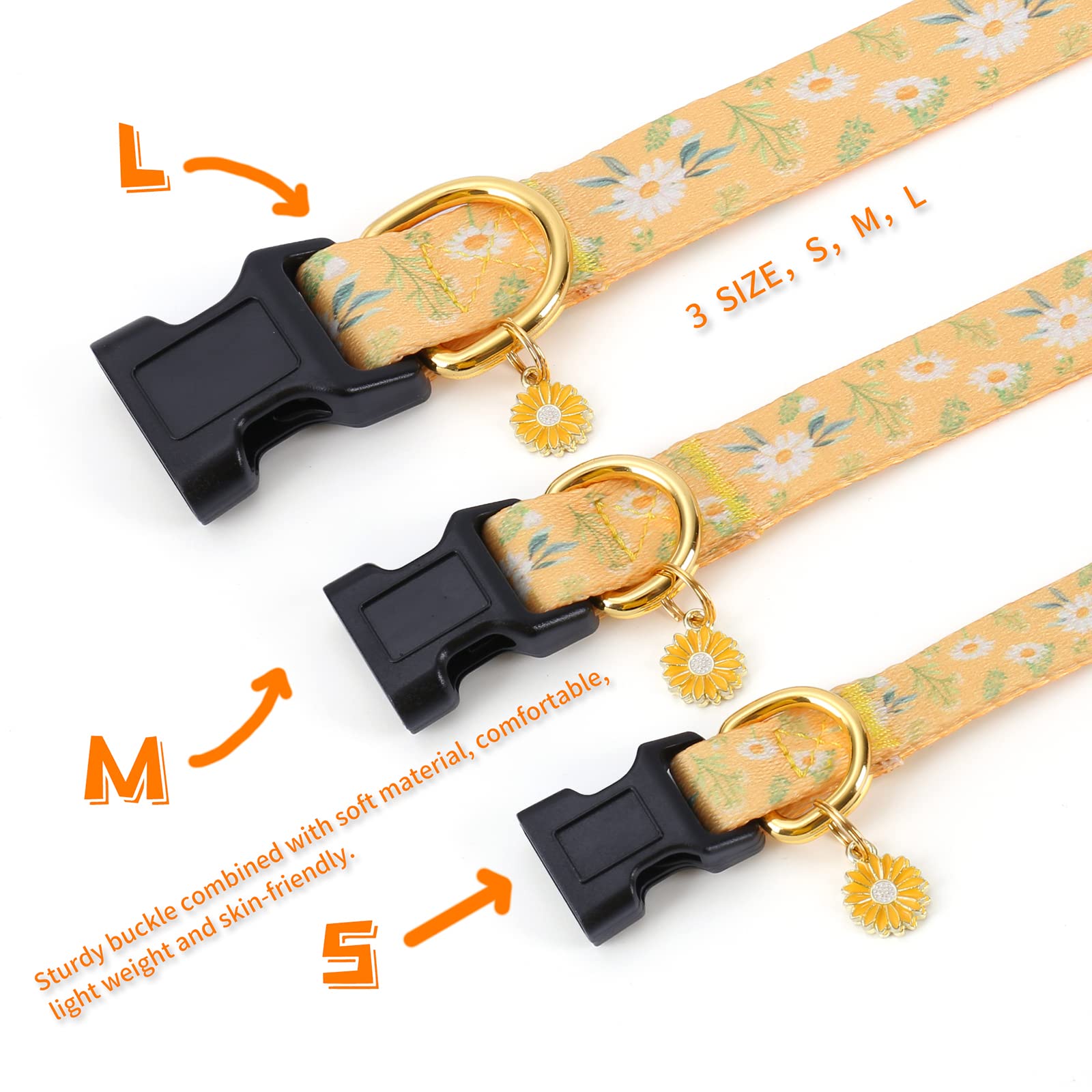 Cotton Handmade Dog Collar For Small Medium Large Dogs,Yellow Daisy With Pendant Cute Dog Collars,Ideal For Girl Dogs Boy Dogs (