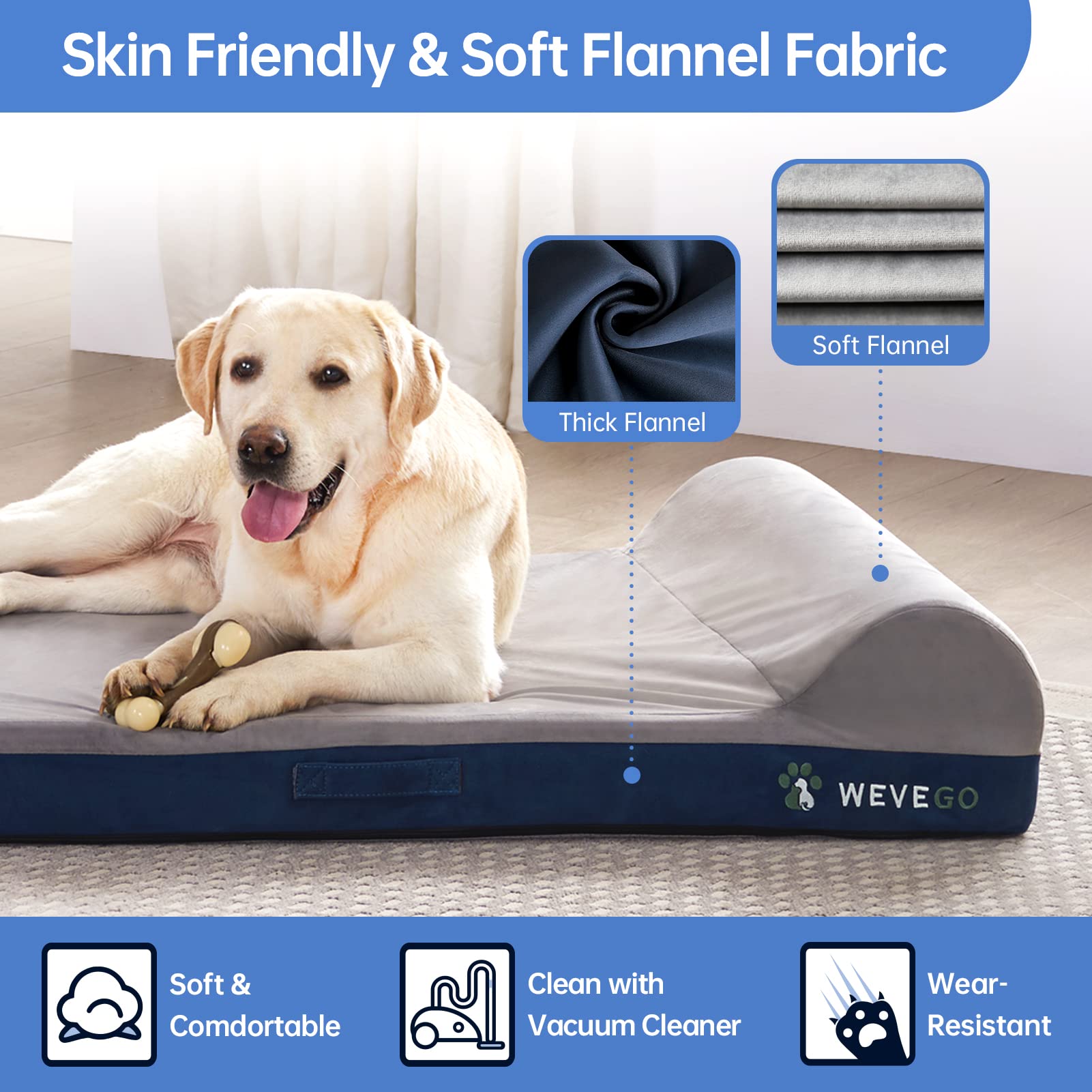 Wevego Dog Bed, Large Dog Bed With Pillow, Thicken Gel Memory Foam Flannel Fabrice Dog Bed, Durable Waterproof Liner & Removable Washable Cover With Non-Slip Bottom, Sizes Medium Blue