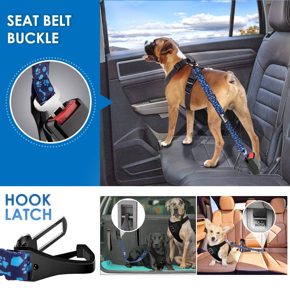 Lukovee Dog Seatbelt Leash For Cars, 2 Pack Pet Safety Car Seat Belt With Adjustable Buckle & Reflective Bungee, Connect Dog Harness In Vehicle Car Dogs Restraint Travel Daily Use (Blue Paw)