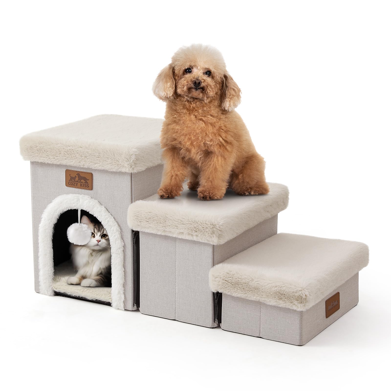 COZY KISS Dog Stairs for Small Dogs with Storage and Condo, 14'' H Foldable Pet Stairs for Small Medium or Puppy Dogs and Older 