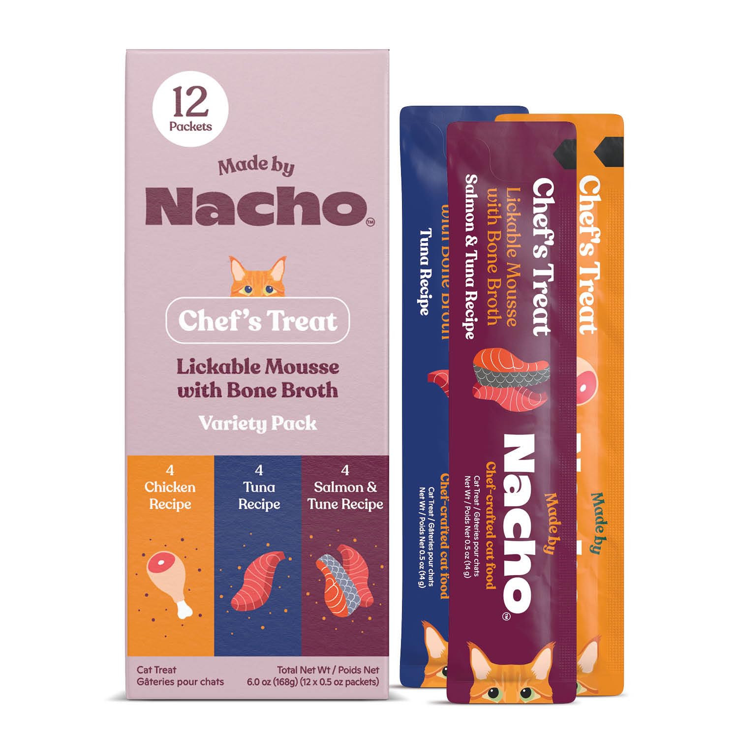 Made by Nacho Lickable Cat Treats Mousse Tubes 12 Count with Bone Broth Variety Pack (.5 oz) No Grains, Corn, Wheat or Soy