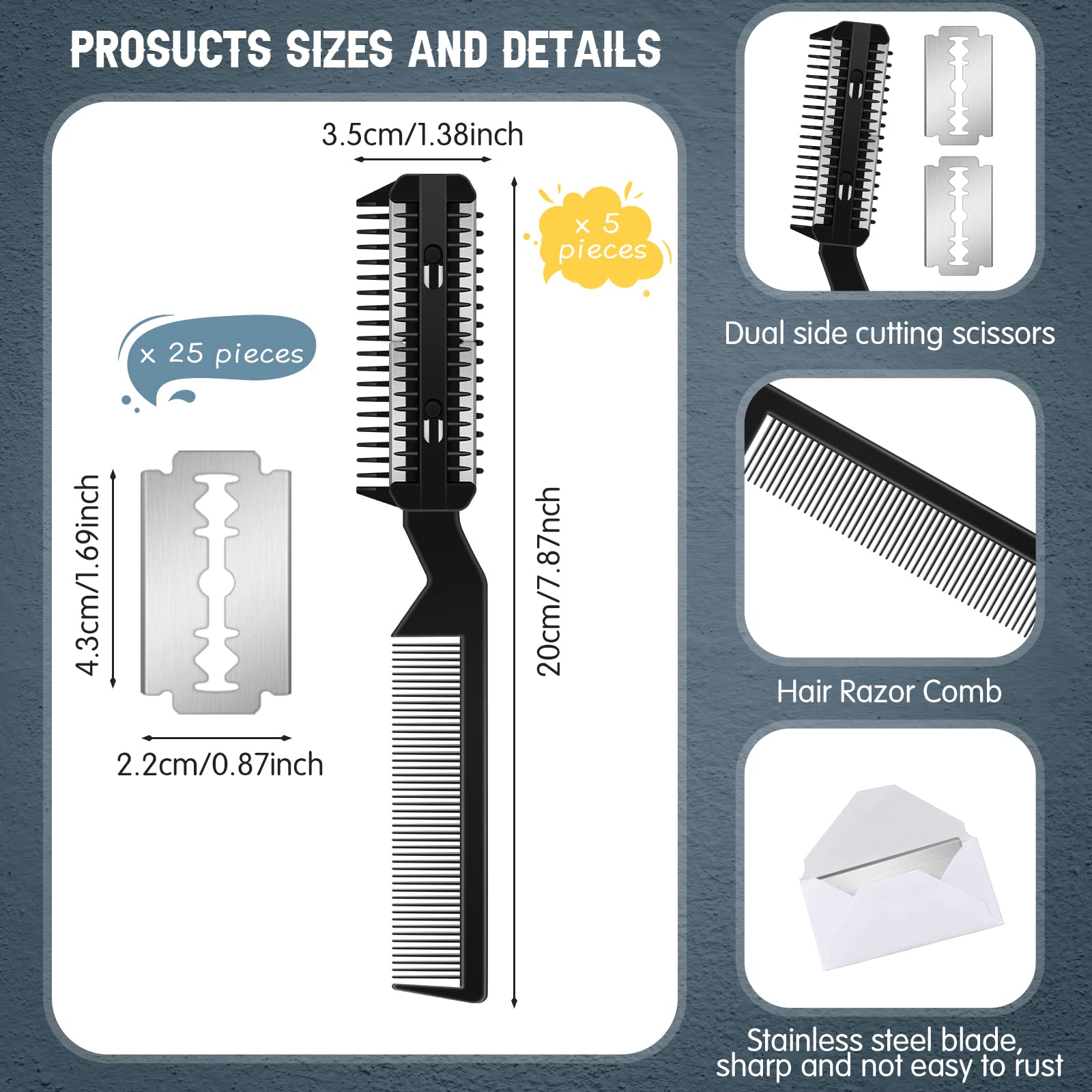 Yinkin 5-Piece Dog Hair Razor Comb With 25 Extra Blades - Manual Pet Grooming Tool For Dogs & Cats (Black)