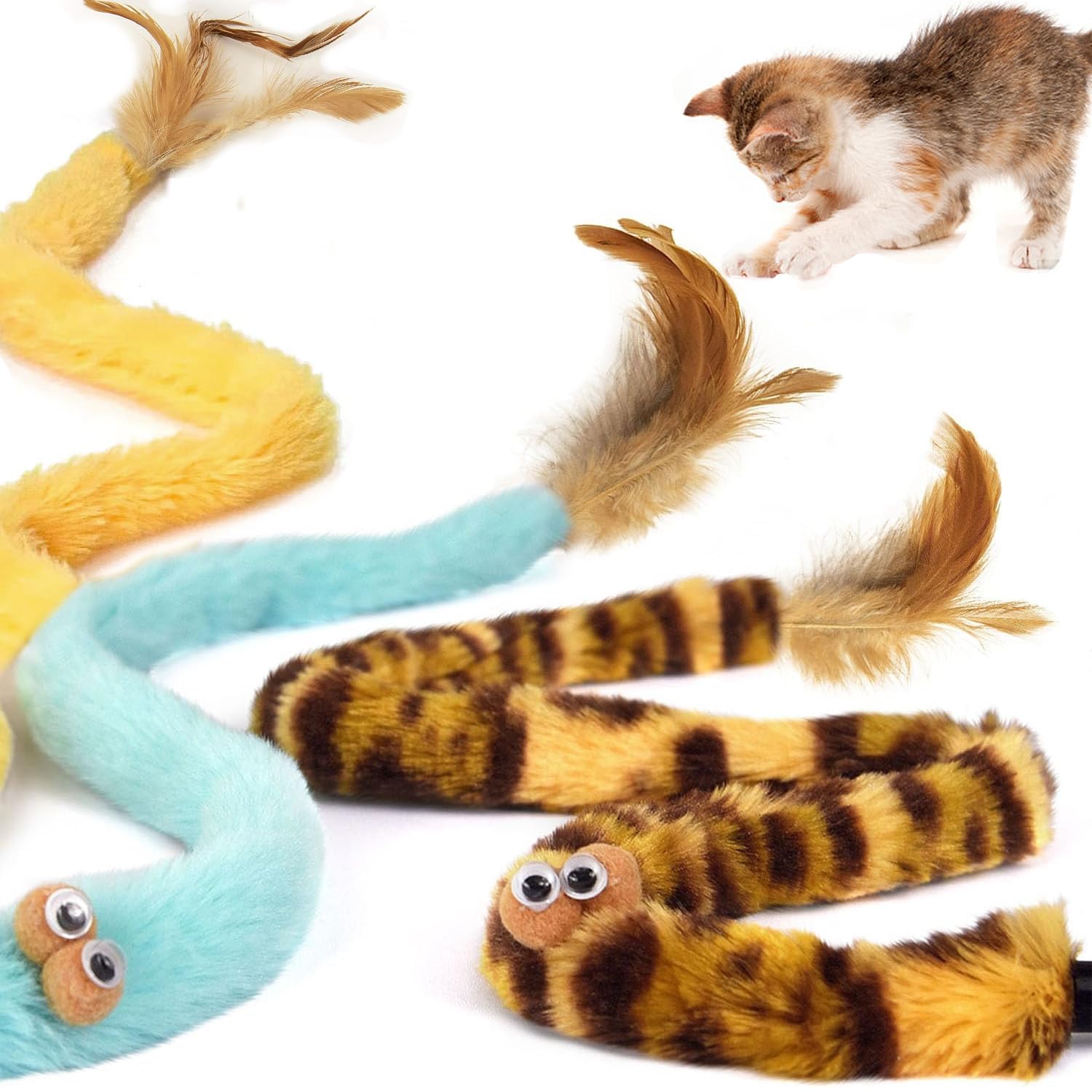 Azoffyiu Cat Toys For Indoor Toys,Rainbow Cat Wand Toys,Feather Flips Plush Ball Cat Toys,Interactive Feather Toy For Teaser Pla