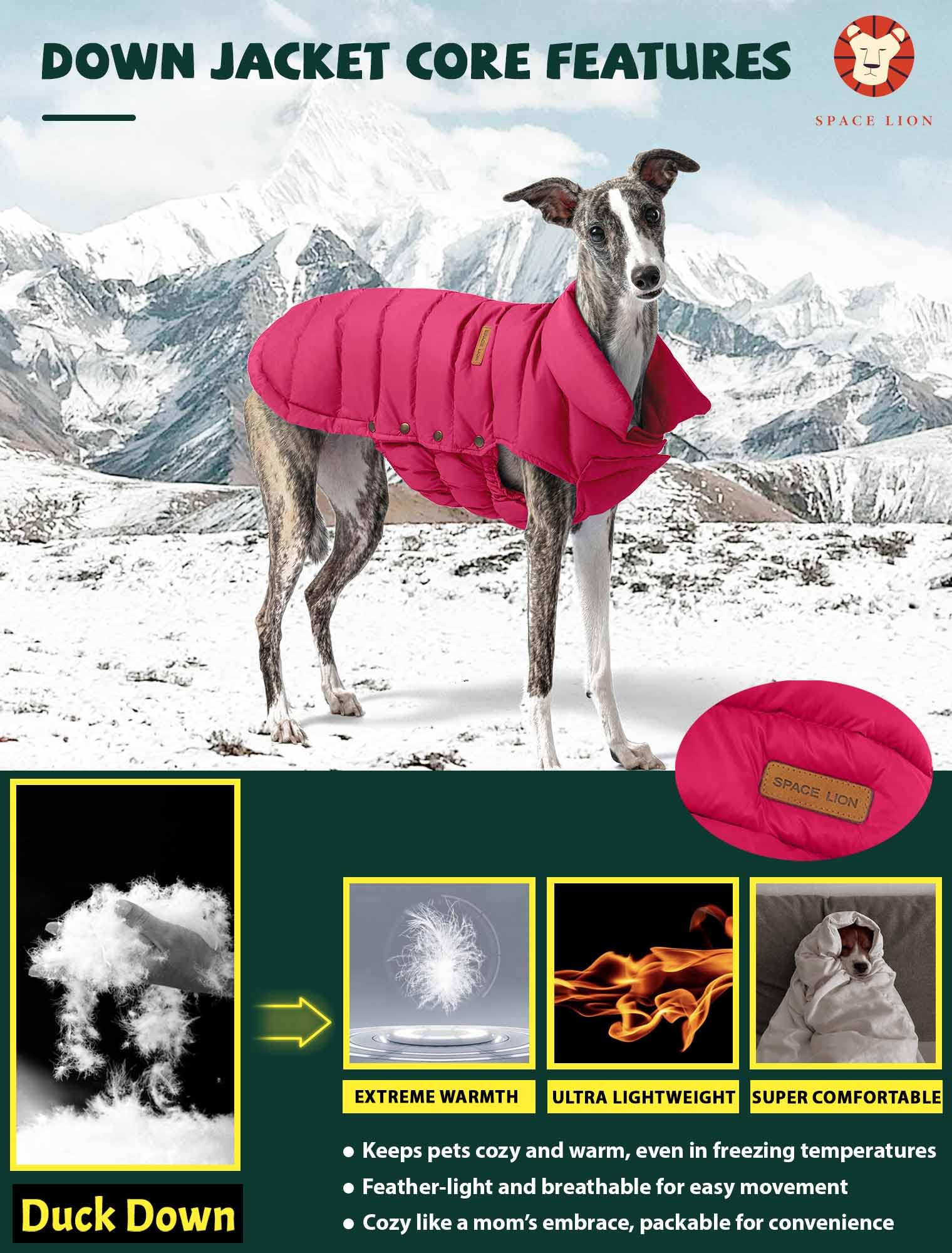 Space Lion Dog Puffer Jacket, Down Dog Winter Coat, Waterproof, Windproof, Lightweight Dog Jacket, Adjustable Fit Dog Coat For S