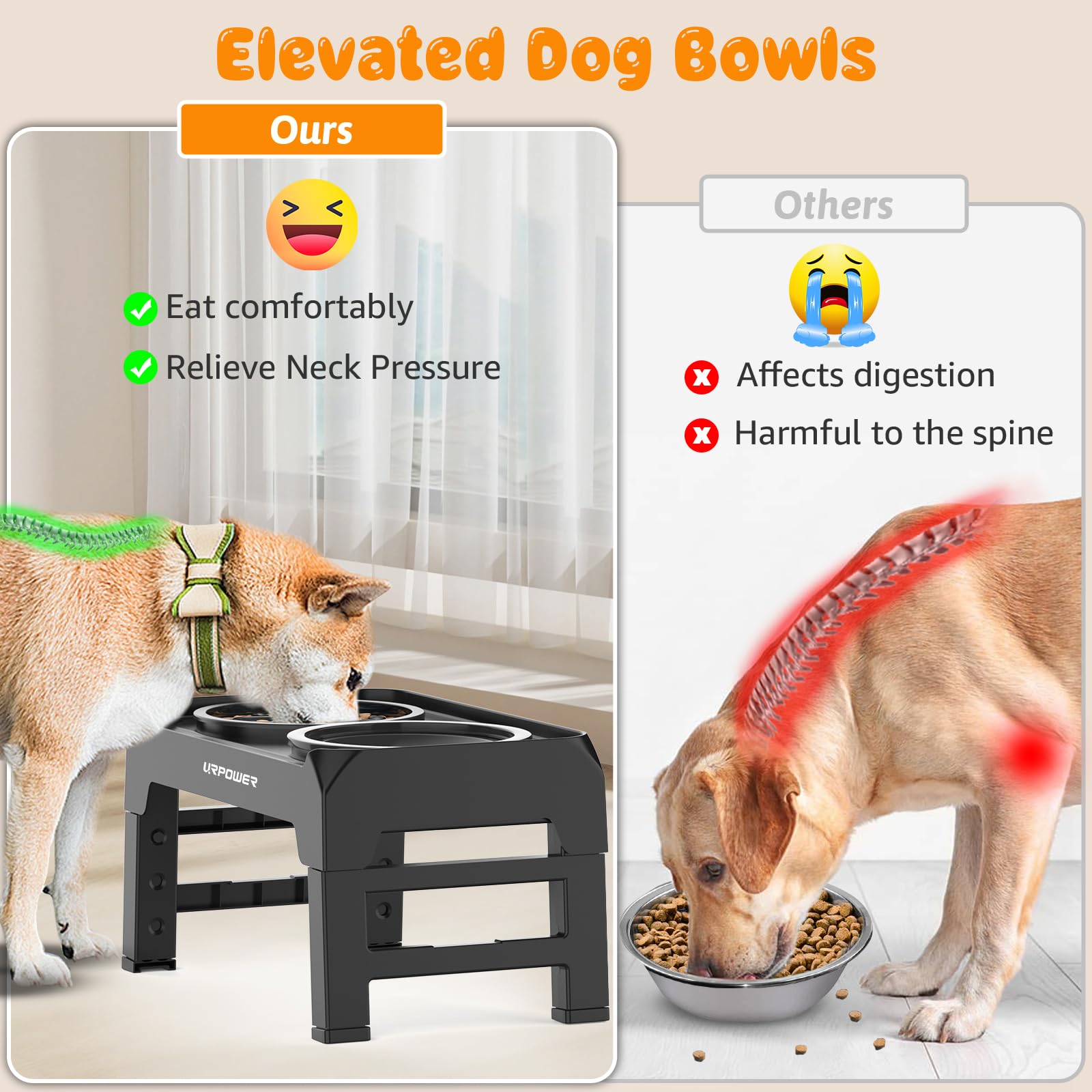 URPOWER 2-in-1 Elevated Dog Bowls Mess Proof Slow Feeder Dog Bowls with No Spill Dog Water Bowl 4 Height Adjustable Raised Dog B