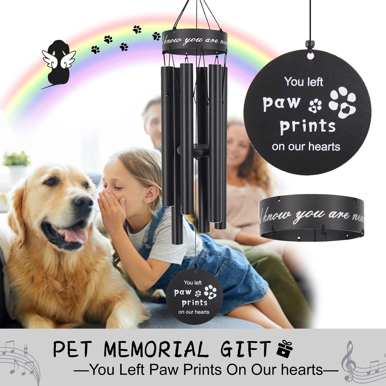 Pet Memorial Wind Chimes, 30 Inches Paw Print Pet Remembrance Gift to Honor and Remember a Dog, Cat, or Other Pet, Premium Metal