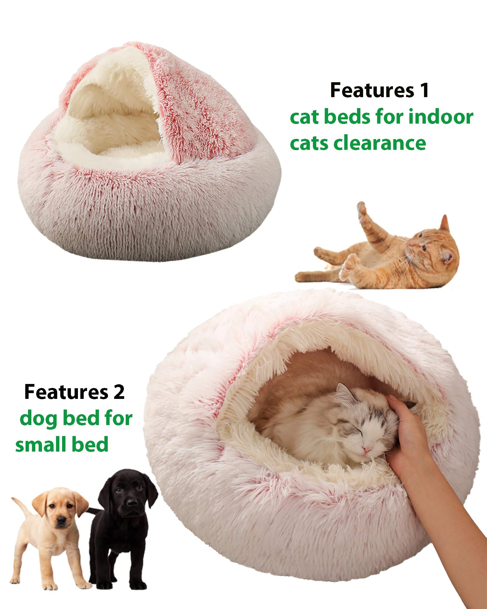 Shinhye Cozy Cat Bed - Round Plush Fluffy Hooded Cave, Indoor/Outdoor, Waterproof & Washable, Calming Anti-Anxiety Design - 23X2