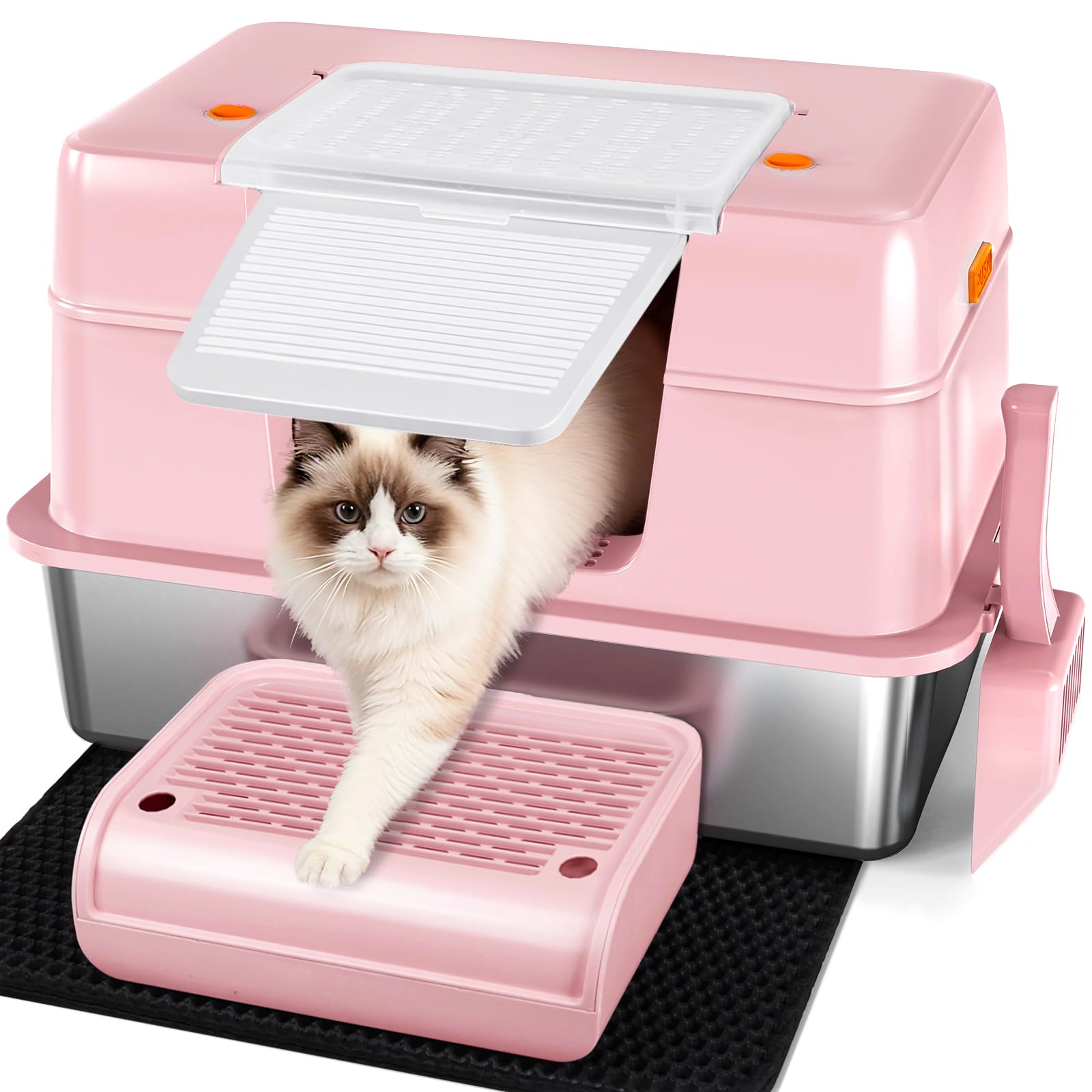 Vivifying Pink Stainless Steel Covered Cat Litter Box - Odor-Control, Easy-Clean Modular Enclosed Kitty Toilet, Elegant Design f