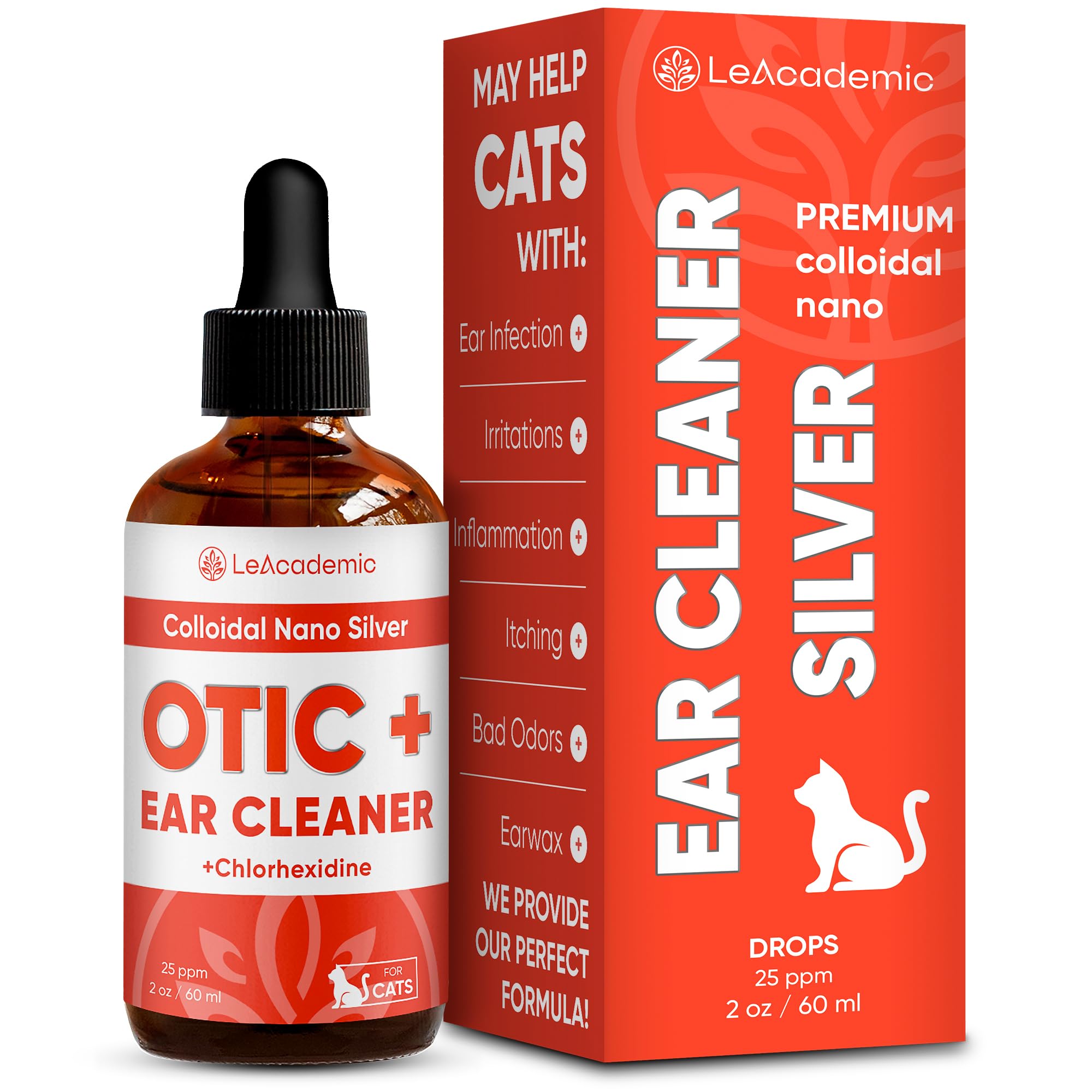 LeAcademic Cat Ear Cleaner | Cat Ear Infection Treatment | OTIC+ Silver Cleaner and Chlorhexidine Wash | Great Solution for Kitt