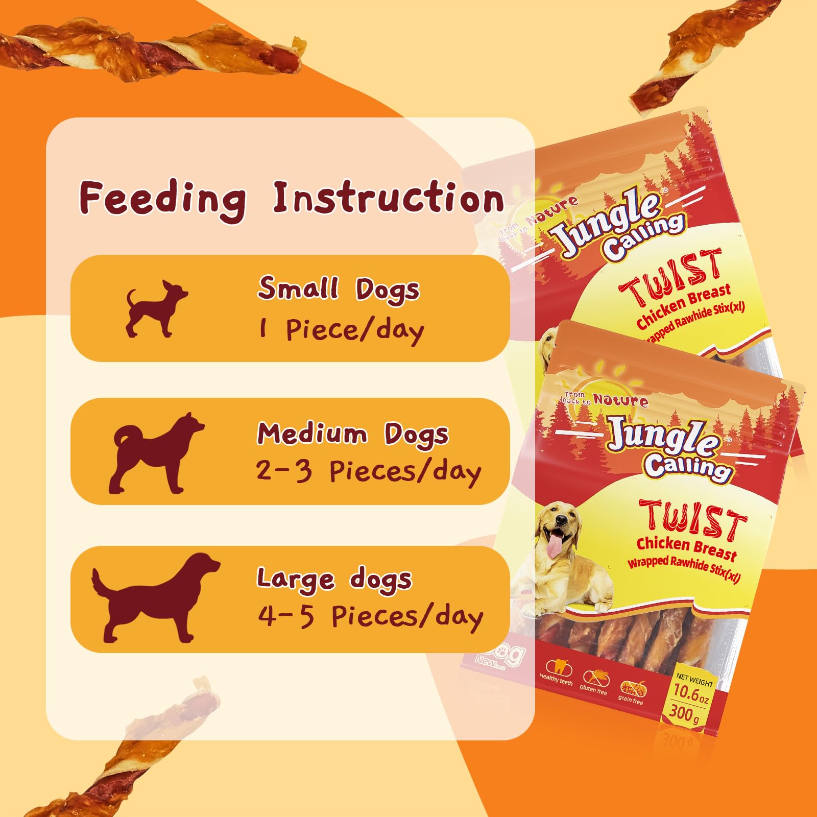 Jungle Calling Dog Treats, Natural Chicken Wrapped Rawhide Sticks, Grain-Free Training Rewards Chews for Small and Medium Puppy,