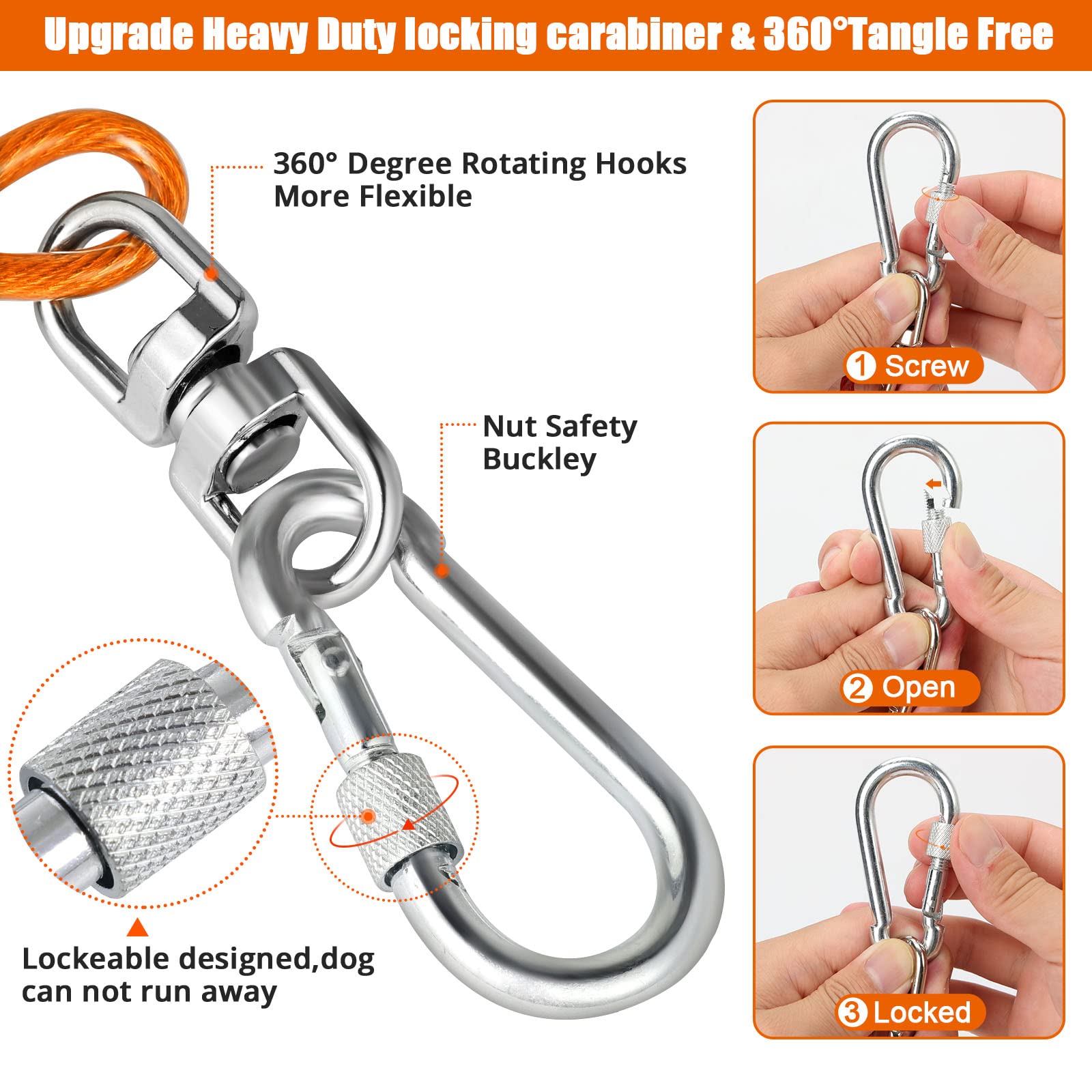 jenico Dog Tie Out Cable - 150FT Rust-Proof Runner for Small to Medium Pets - Orange Vinyl with Swivel Hook