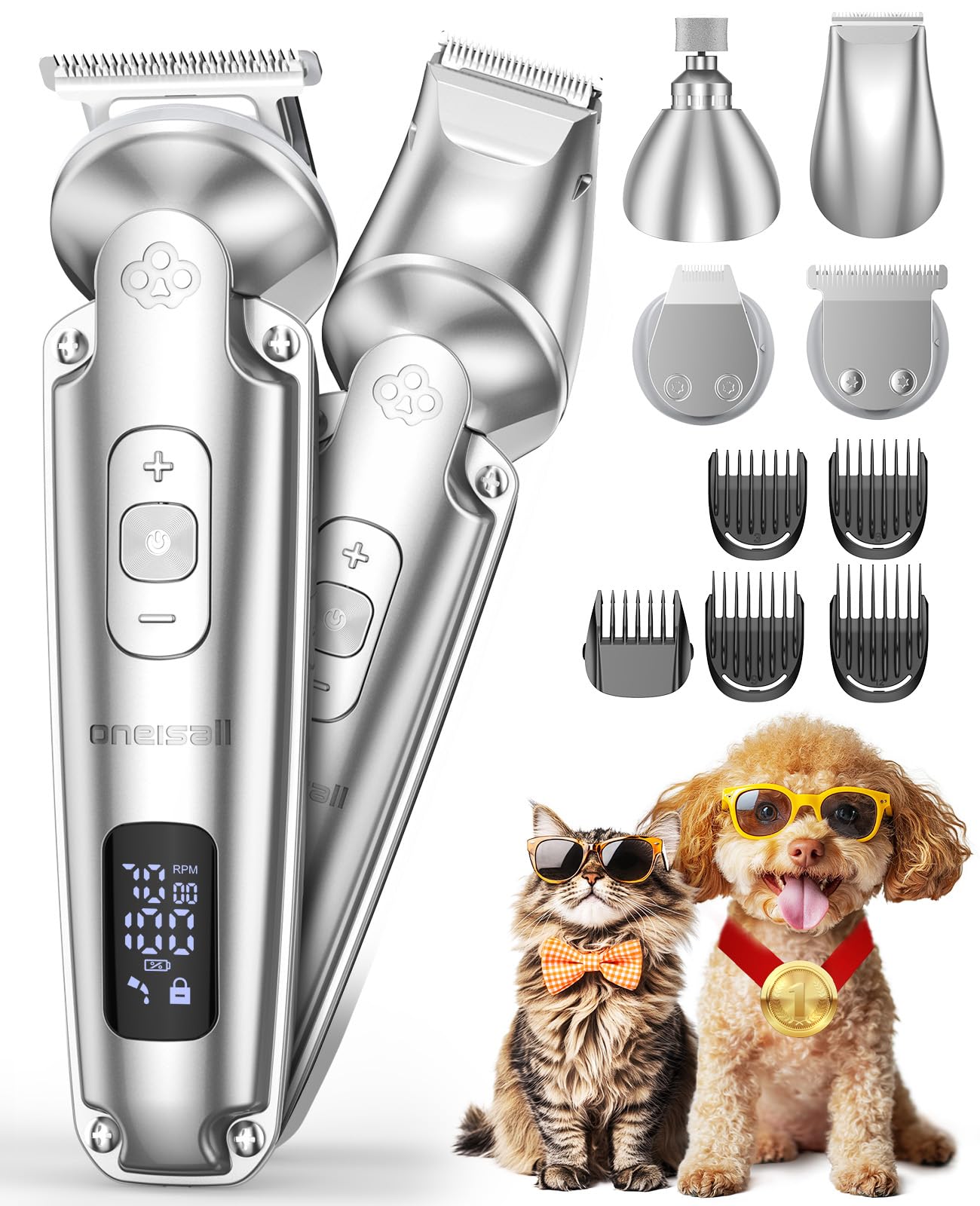 Oneisall Dog Clippers And Paw Trimmer With Low Noise, 4 - In - 1 Cordless Dog Grooming Kit With 3 - Level Speed Clippers (7000 R