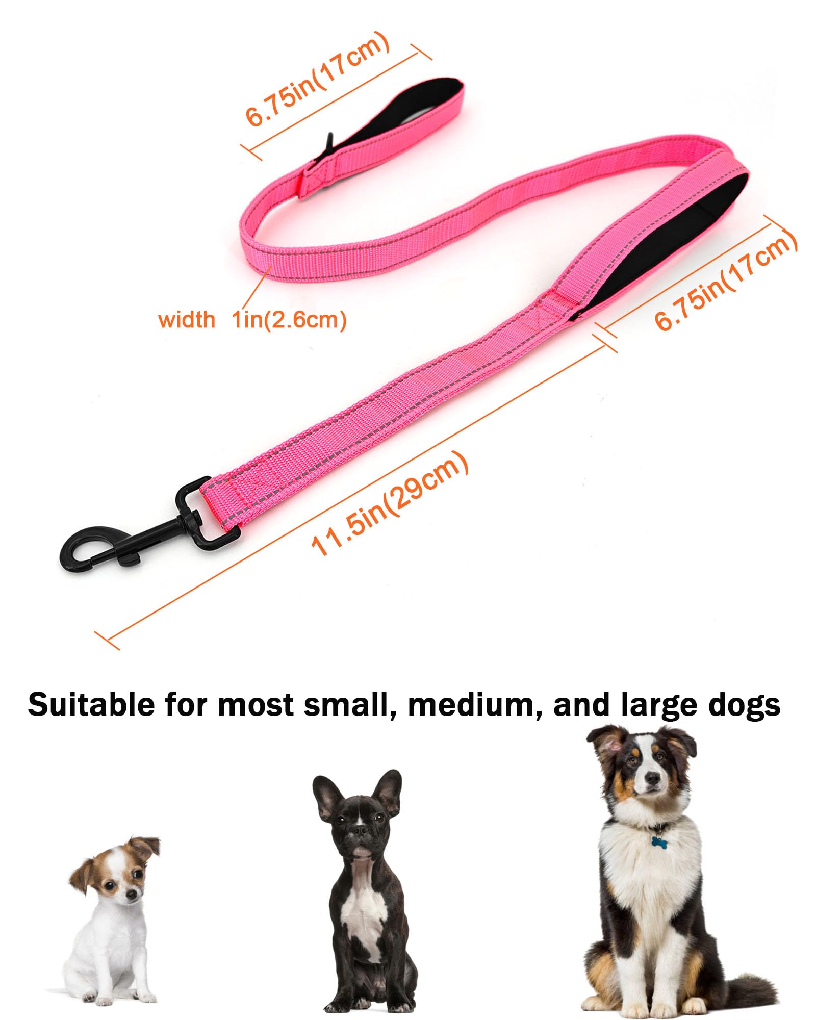 Solmoony 4Ft Pink Strong Dog Leash With 2 Padded Handles, Traffic Handle Extra Control, Double-Sided Reflective Walking Lead For