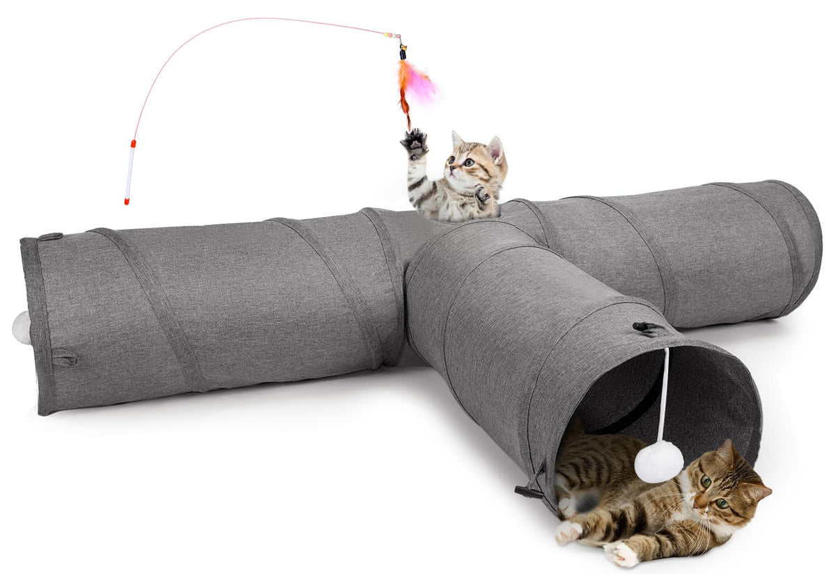 Ownpets Cat Tunnel, 3 Way Collapsible Kitty Tunnel 47 Inch Long Cat Tube With Plush Ball & Feather Toy, Large Cat Play Tunnel Fo
