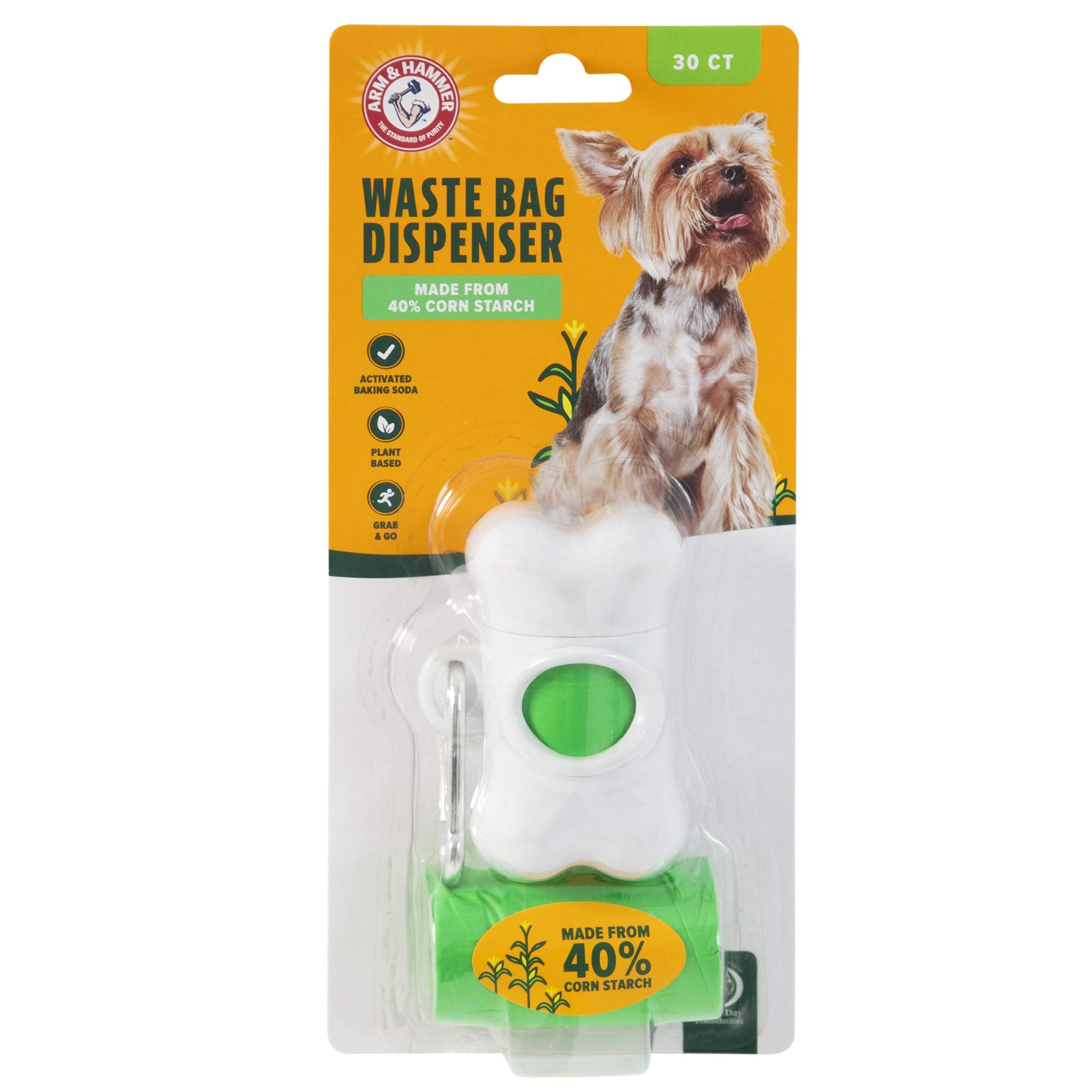 Arm & Hammer Dog Bone Shape Dog Poop Bag Dispenser With 30 Count Plant-Based Poop Bags With Activated Baking Soda; 9 X 14 Inches; White