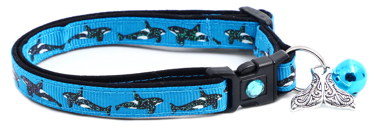 Orca Whales Cat Collar - Safety - Breakaway - Charm And Bell - Pugs2Persians (Large(10Lbs & Up), Blue)