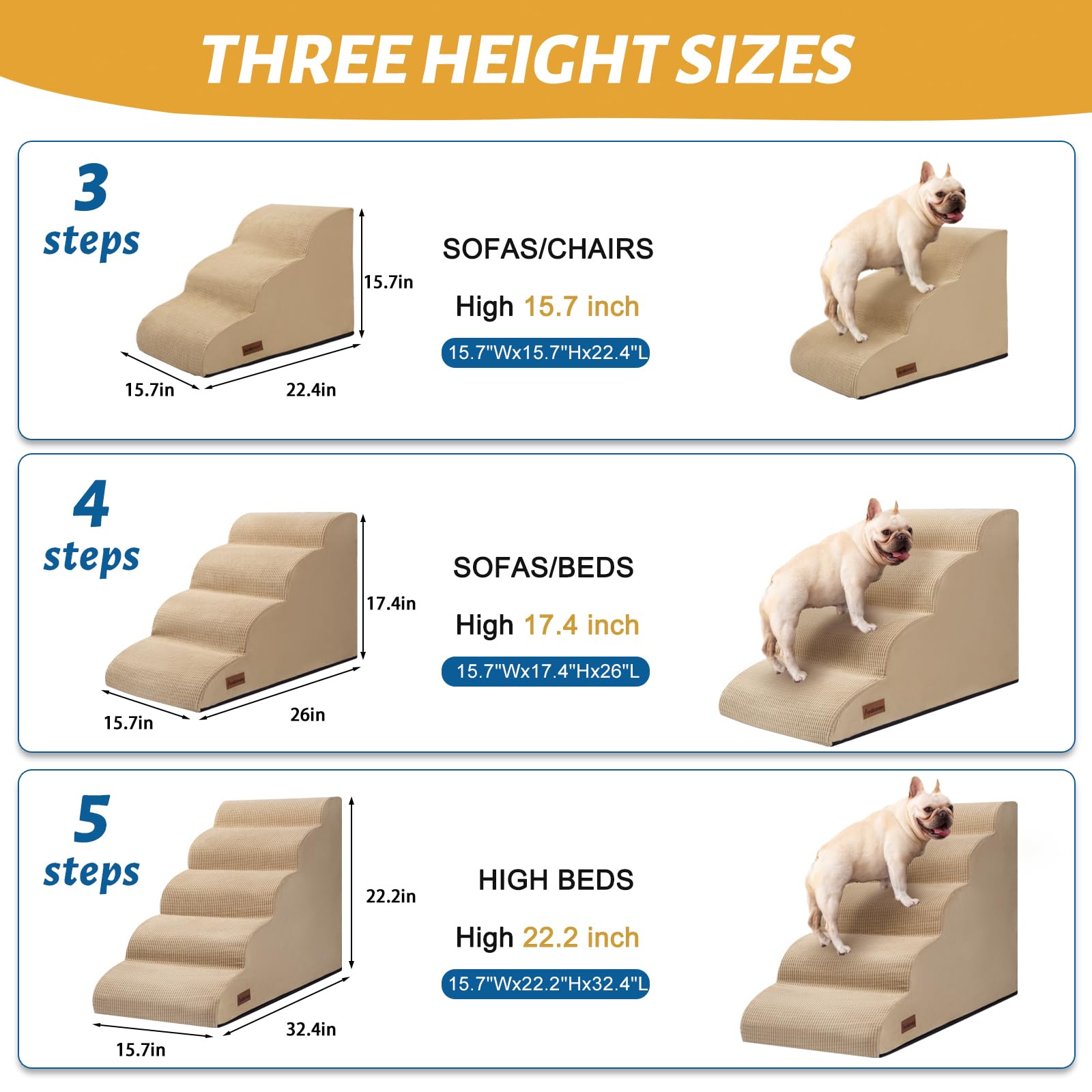 Aodisman 5-Step Dog Stairs and Ramp for High Bed, Non-Slip Sturdy Pet Steps for Small Dogs and Cats,22.2 H,Khaki