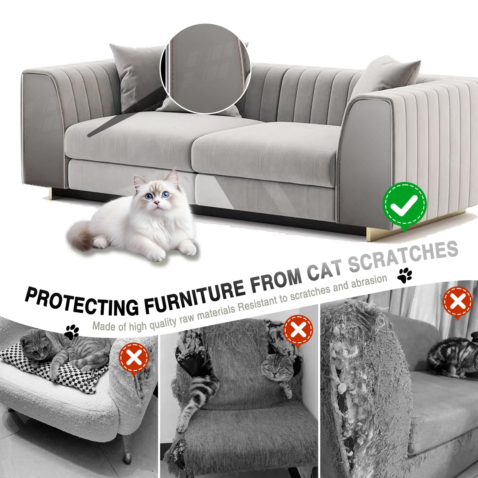 Anti Cat Scratch Furniture Protector, 2pcs 118 x 11.8in&7.9in Flexible Couch Corner Protector from Cat Claws,Single-Sided Sticky