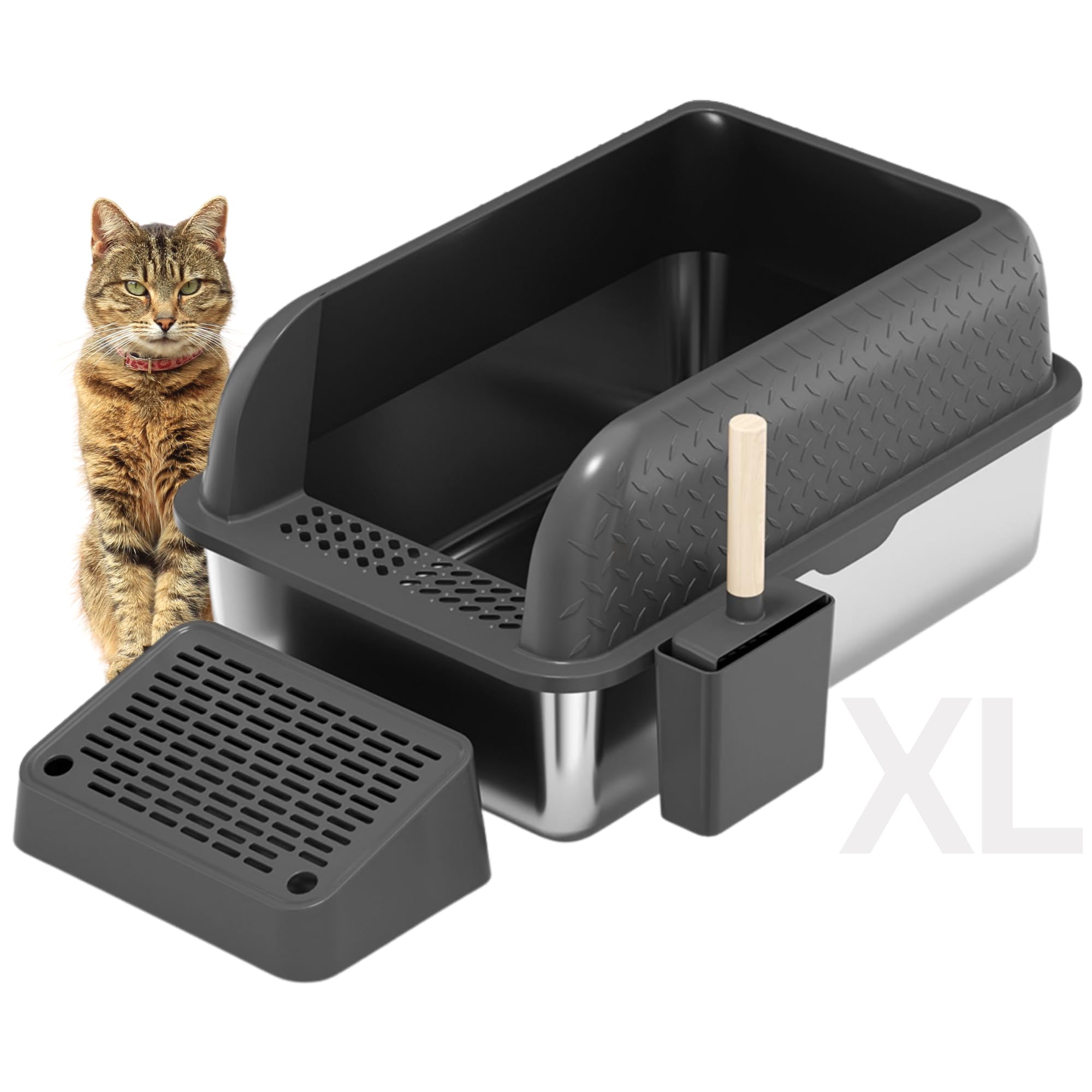 X Large Stainless Steel Cat Litter Box High Sided Covered Lid Enclosure Includes Litter Scoop with Holder Trapping Mat Essential