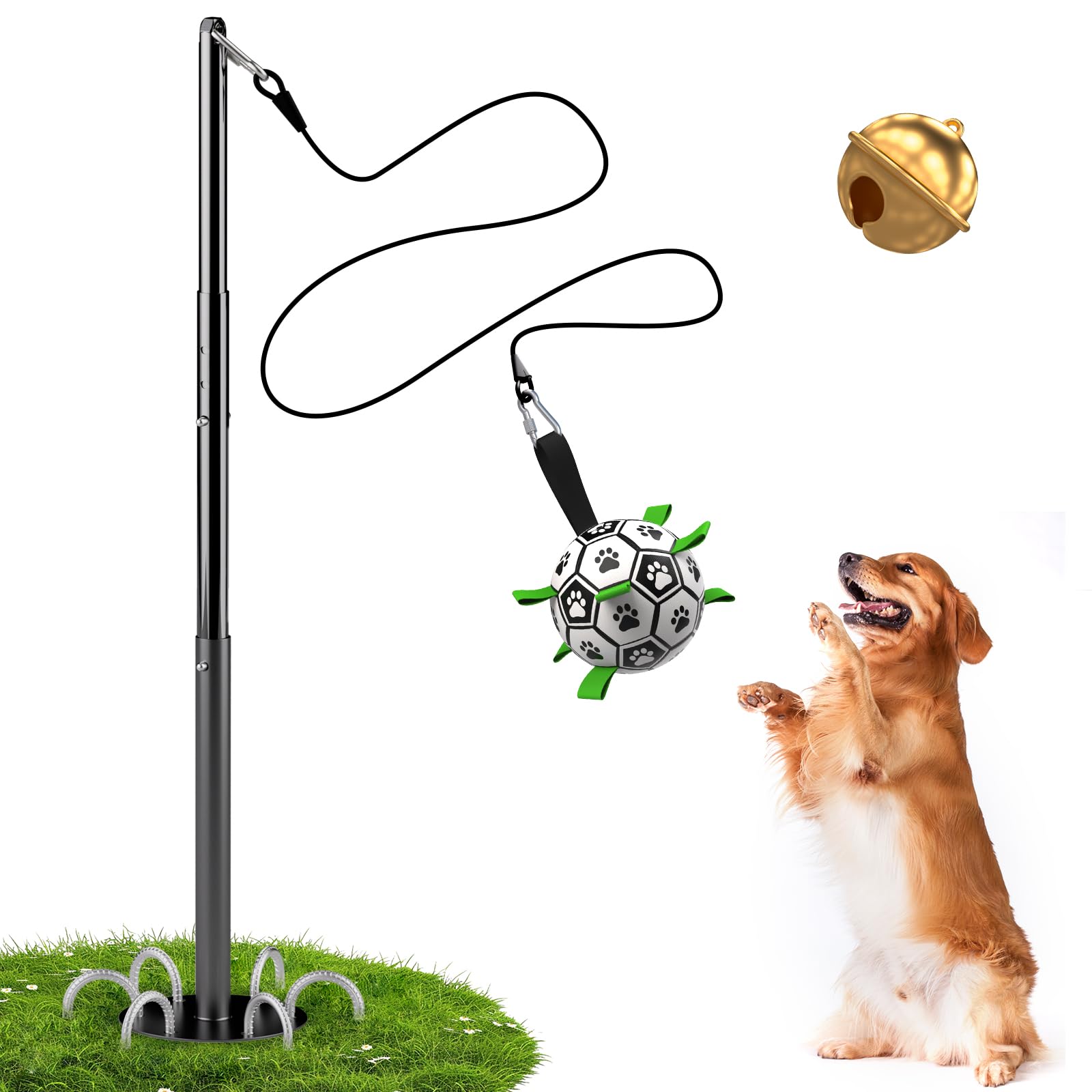 QDAN Tether Tug Outdoor Dog Toy, Durable Interactive Dog Toy with Adjustable Pole, Outdoor Toys for Dogs, Soccer Ball, Self-Play