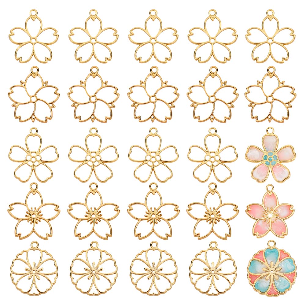 OLYCRAFT 30pcs Blossom Open Bezel Pendants Flower Charms 5-Shape Hollow Frame Dangle Charms Making Kits for DIY UV Resin or Pres