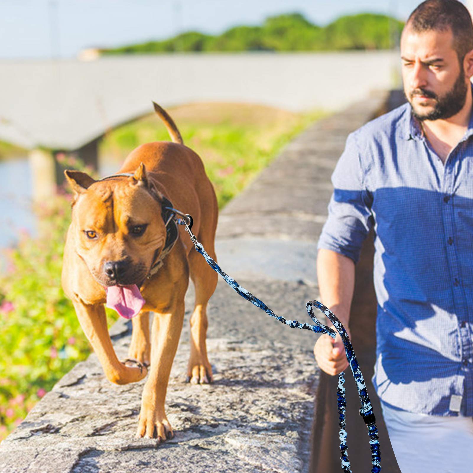 Auroth Heavy Duty Dog Leash - Bungee, No Pull For Shock Absorption, Blue Camo, 6Ft, 2 Padded Handles