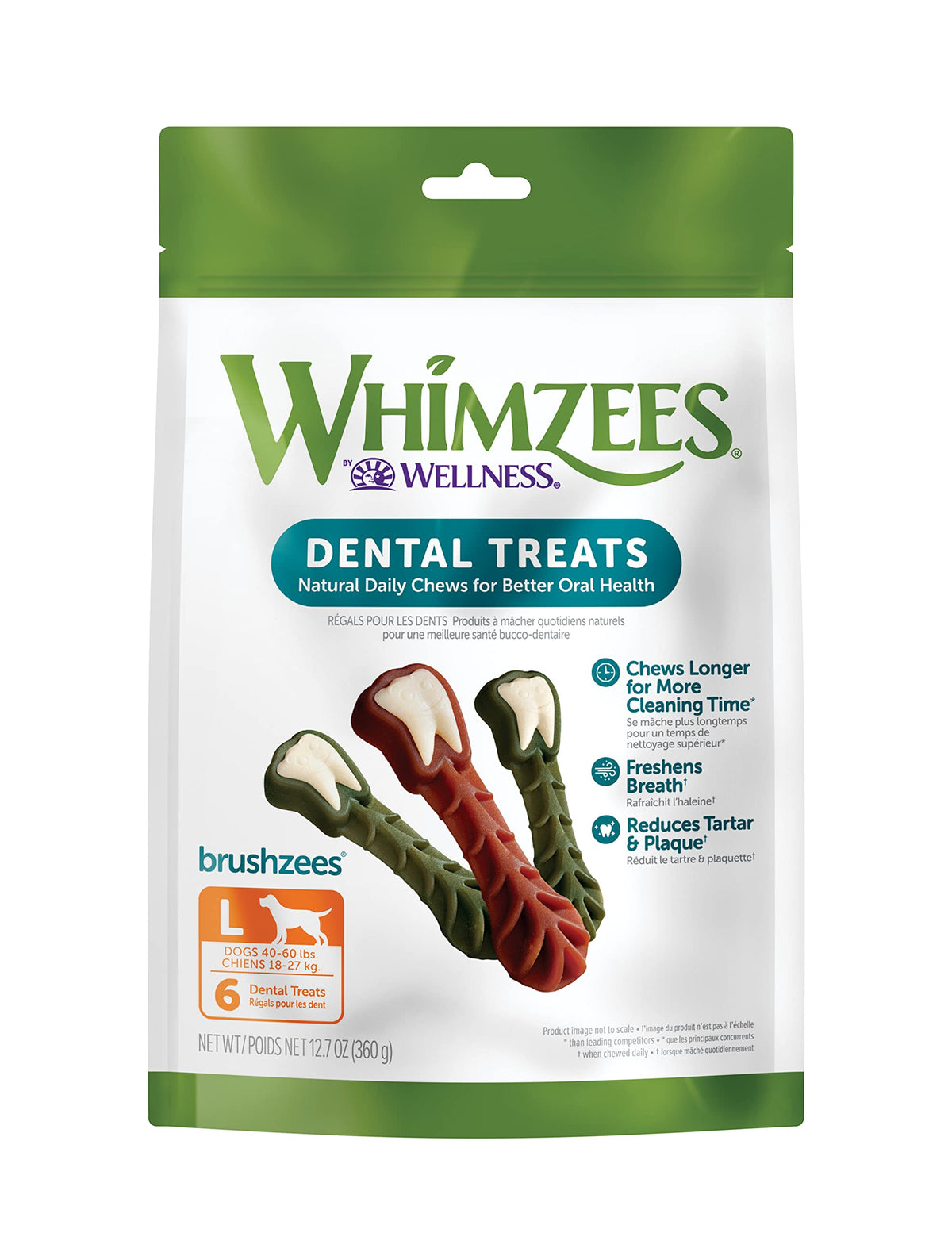 Whimzees By Wellness Brushzees Natural Dental Chews For Dogs, Long Lasting Treats, Grain-Free, Freshens Breath, Large Breed, 6 C