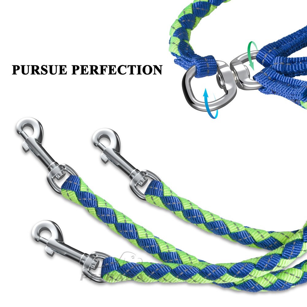 PETBABA 4.6ft No Tangle Dog Leash Coupler, Reflective Triple Lead for 3 Medium Large Dogs, Soft Padded Handle, Green