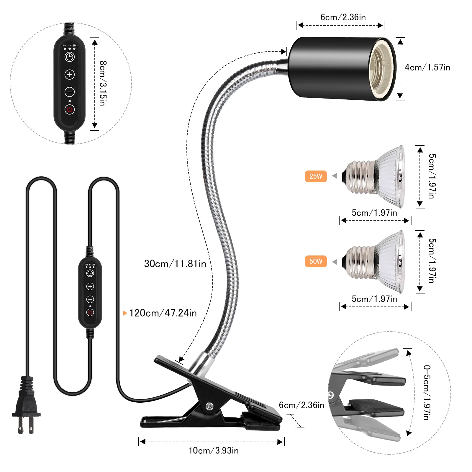Buddypuppy Reptile Heat Lamp, UVA UVB Reptile Light with 360?Rotatable Hose and Timed, Heating Lamp with 2 Bulbs Suitable for Bearded Dragon Reptiles Turtle Lizard Snake (Heat Lamp 25w/50w Bulb)