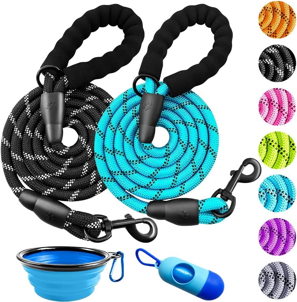 Doyoo 2 Pack Dog Leash 6 Ft Thick Durable Nylon Rope - Comfortable Padded Handle Reflective Rope Dog Leash For Medium Large Dogs