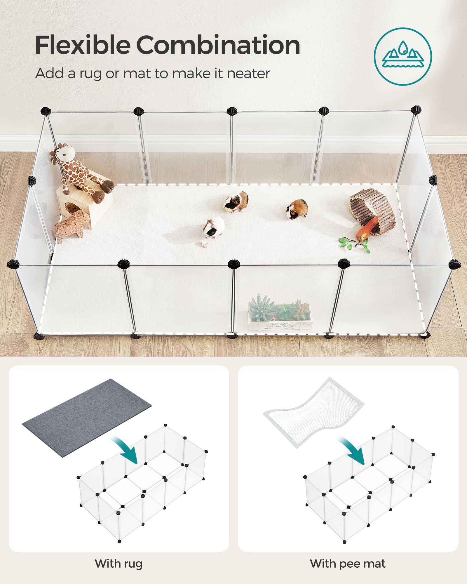 Songmics Pet Playpen With Floor, Small Animal Pen, Pet Fence Indoor, Diy Plastic Enclosure For Hamsters, Rabbits, Hedgehogs, Ferrets, 56.3 X 28.7 X 18.1 Inches, White Ulpc02W