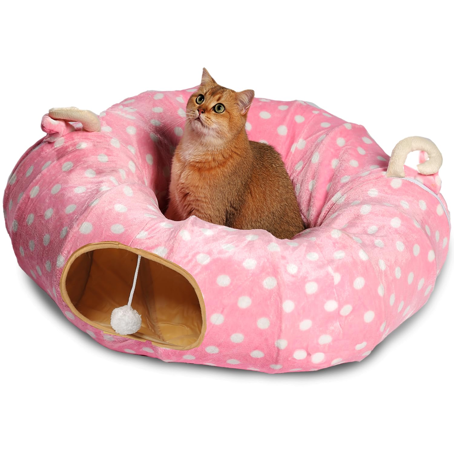 Auoon Cat Tunnel Bed With Central Mat,Big Tube Playground Toys,Soft Plush Material,Full Moon Shape For Kitten,Cat,Puppy,Dog,Rabbit,Ferret,Pink