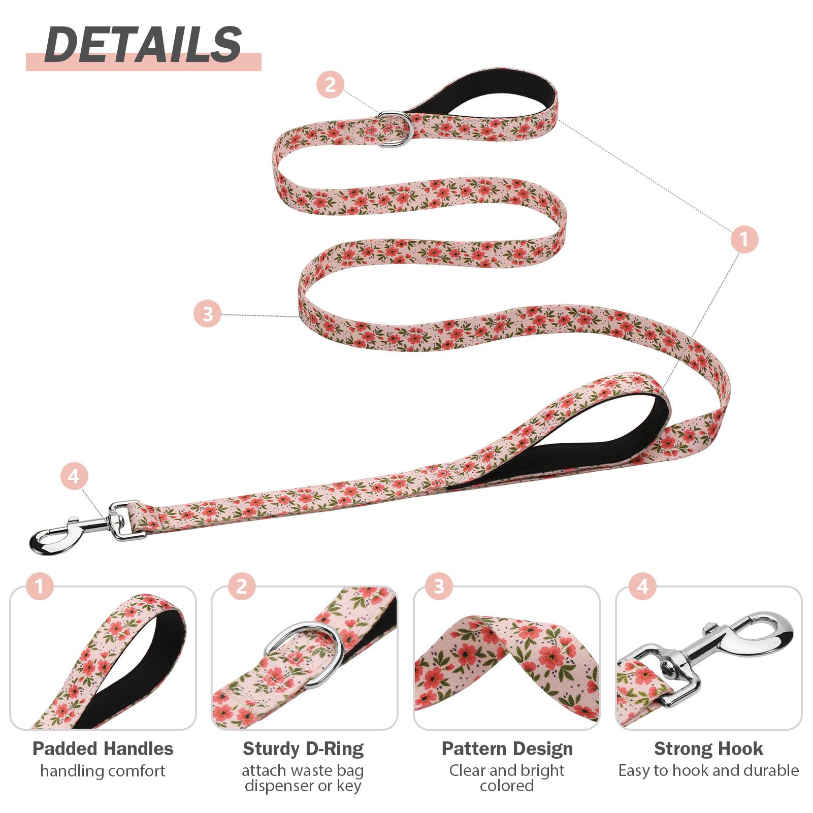 Hikiko Double Handle Dog Leash 6 Foot Cute Girl Padded Traffic Handles For Walking Training (Cream Natural Floral, 6Ft)