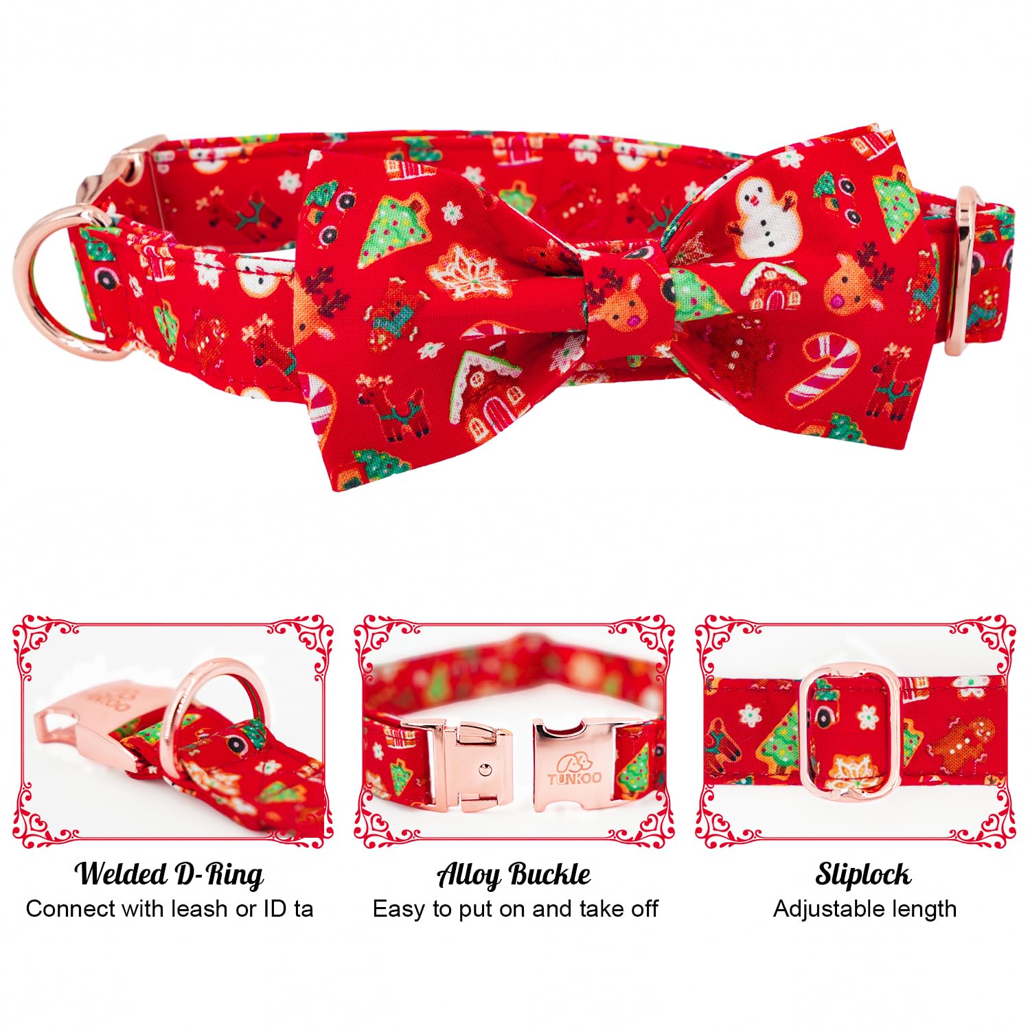 Tunkoo Christmas Dog Collar With Elegant Bow Tie Soft Comfy Cotton Adjustable Collar, Premium Metal Buckle For Puppy And Cat Sma