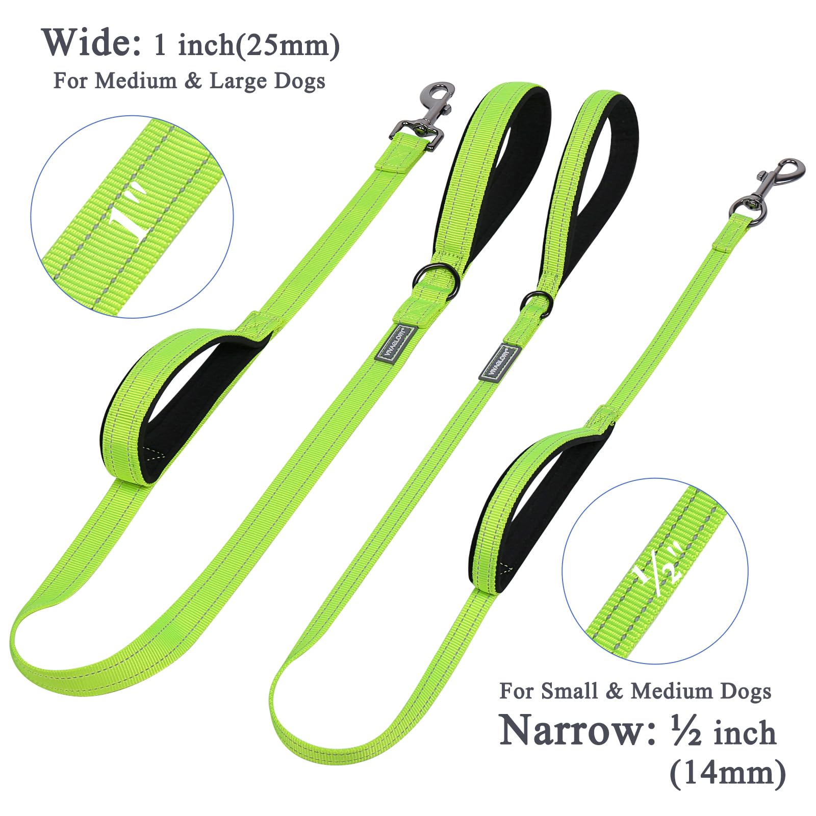 Vivaglory Traffic Handle Dog Leashes, Two Padded Soft Handles Strong Dog Leash, Reflective & Metal Hook Training Dog Lead, Brigh