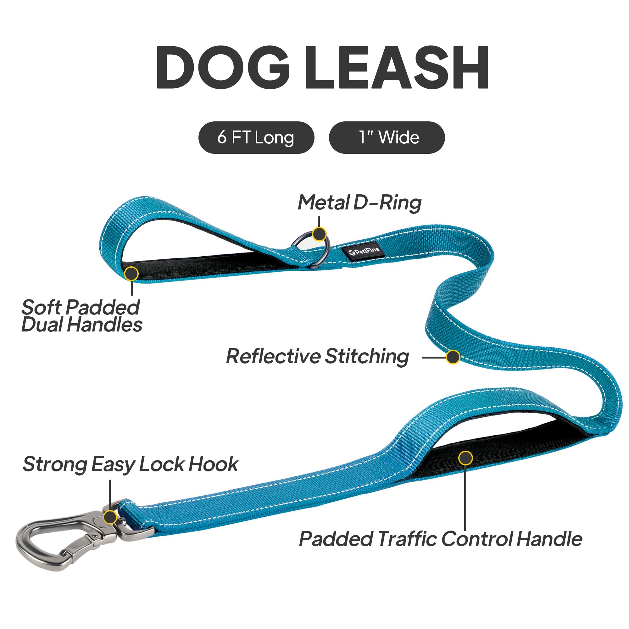 Petifine 6Ft Heavy Duty Dog Leash With Soft Padded Double Handle, Durable Strong Clasp Dog Leashes, Reflective Nylon Walking Lea