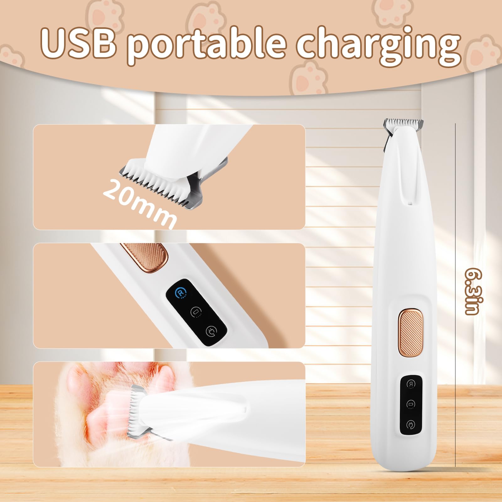 Upgraded Paw Trimmer for Dogs, Dog Paw Trimmer, Rechargeable Pet Shaver with LED Light, Low Noise Pet Hair Clippers for Paws Eye
